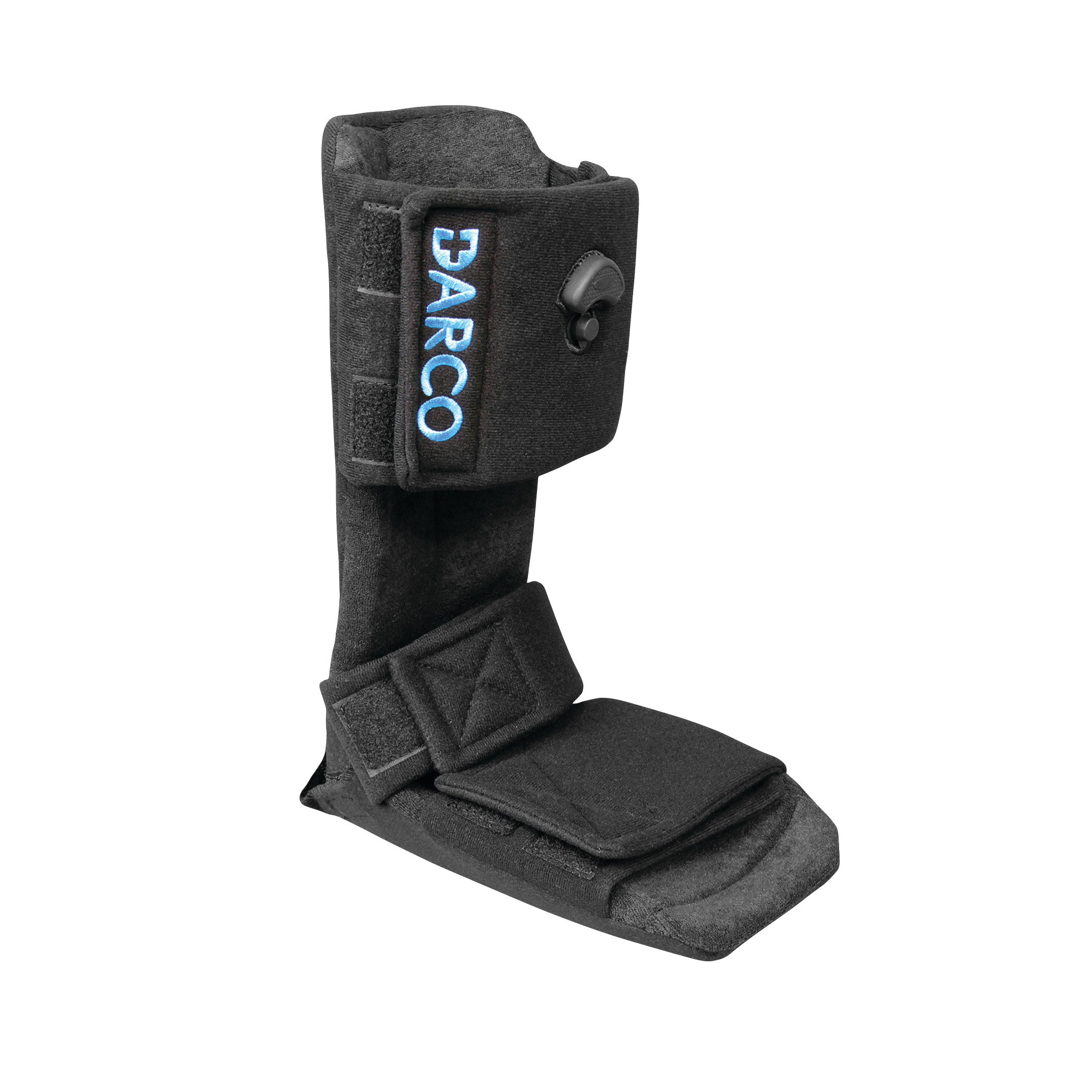 The DARCO Pneumatic Night Splint is a black orthopedic device designed to support the foot and ankle, featuring adjustable straps.