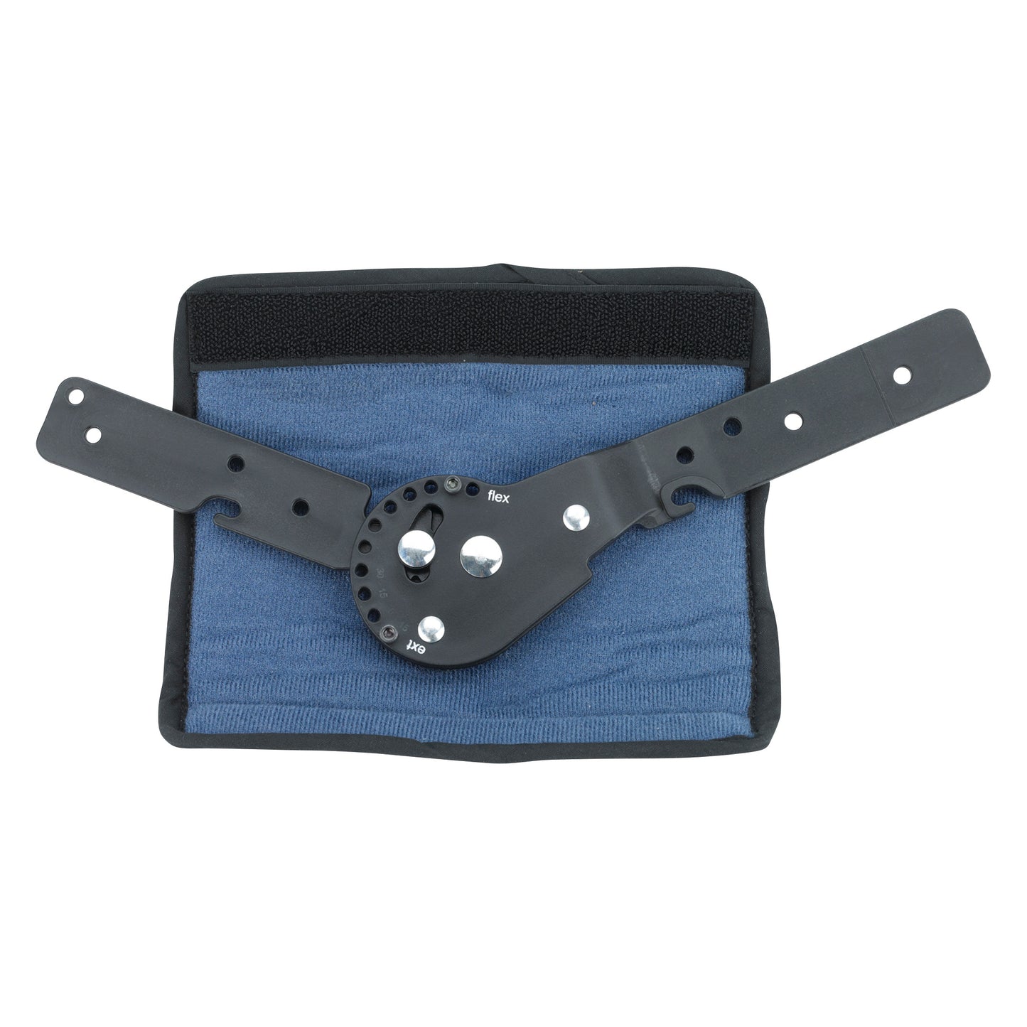 The OCSI OrthoPro ROM Knee Orthosis is displayed on a blue fabric, featuring adjustable black straps and a hinge mechanism.