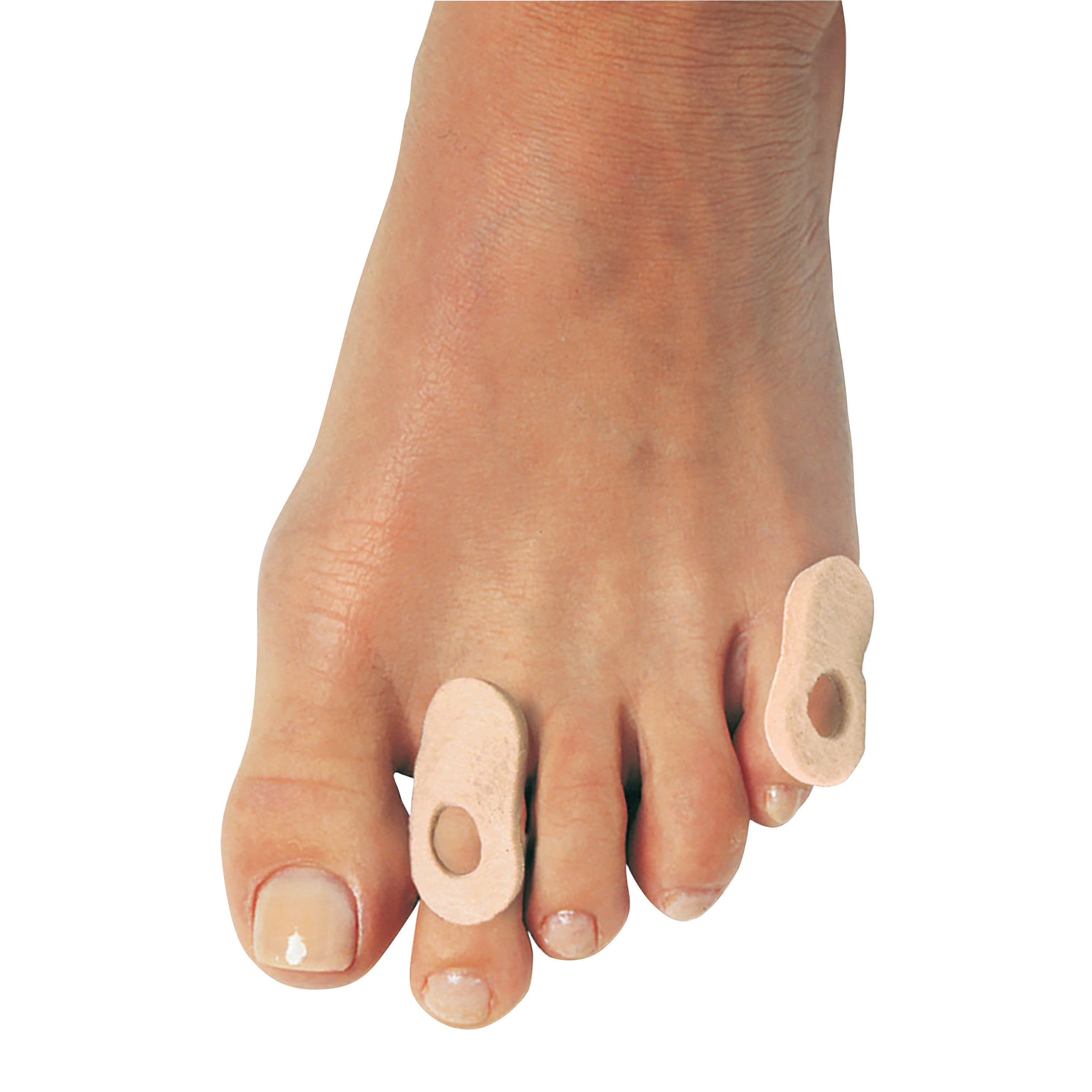 A foot with PediFix FELTastic Corn Protectors on two toes, providing cushioning with beige, oval-shaped pads featuring toe holes.