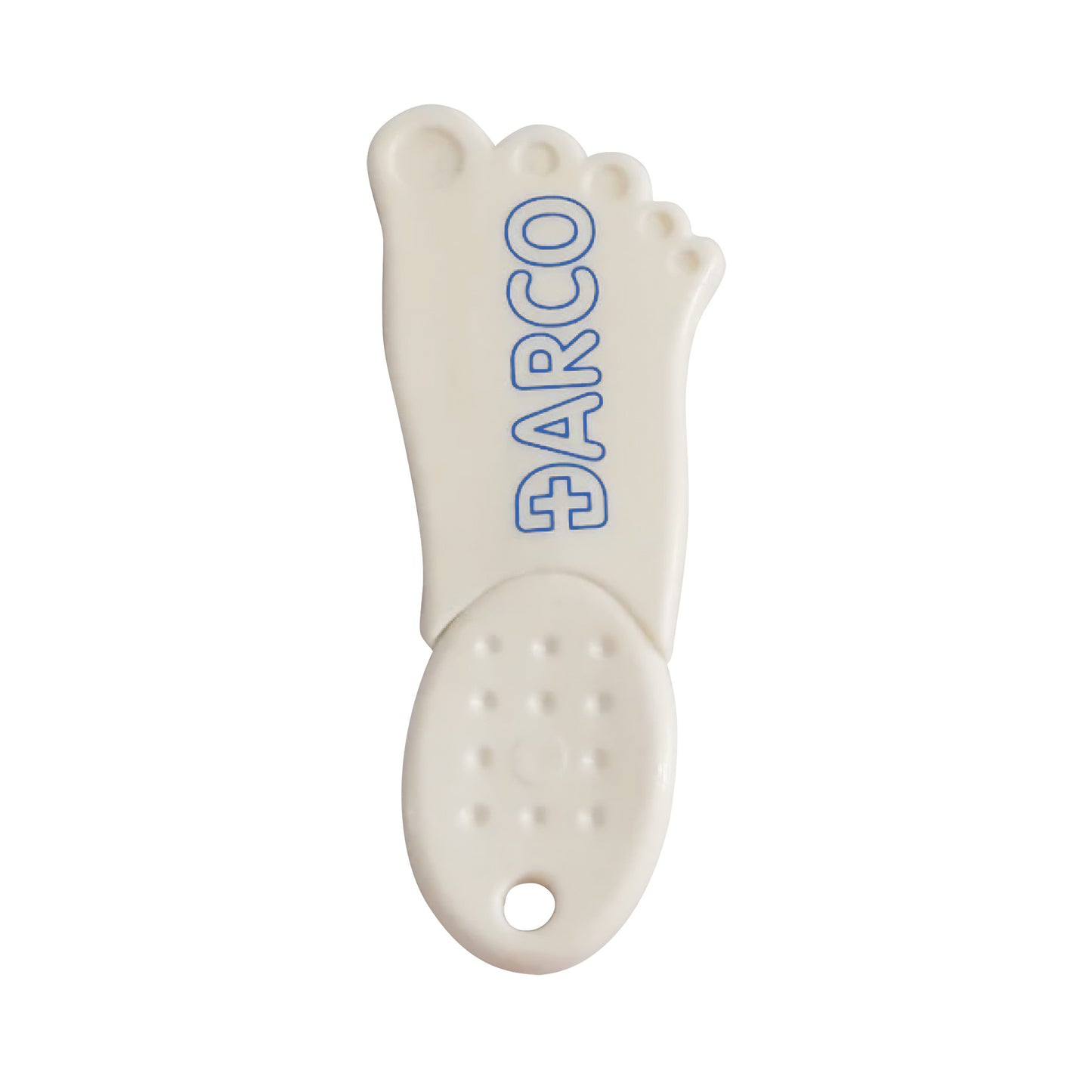 DARCO FootFilament in the shape of a foot with the word "DARCO" printed on it, featuring small bumps and a hole at the base.