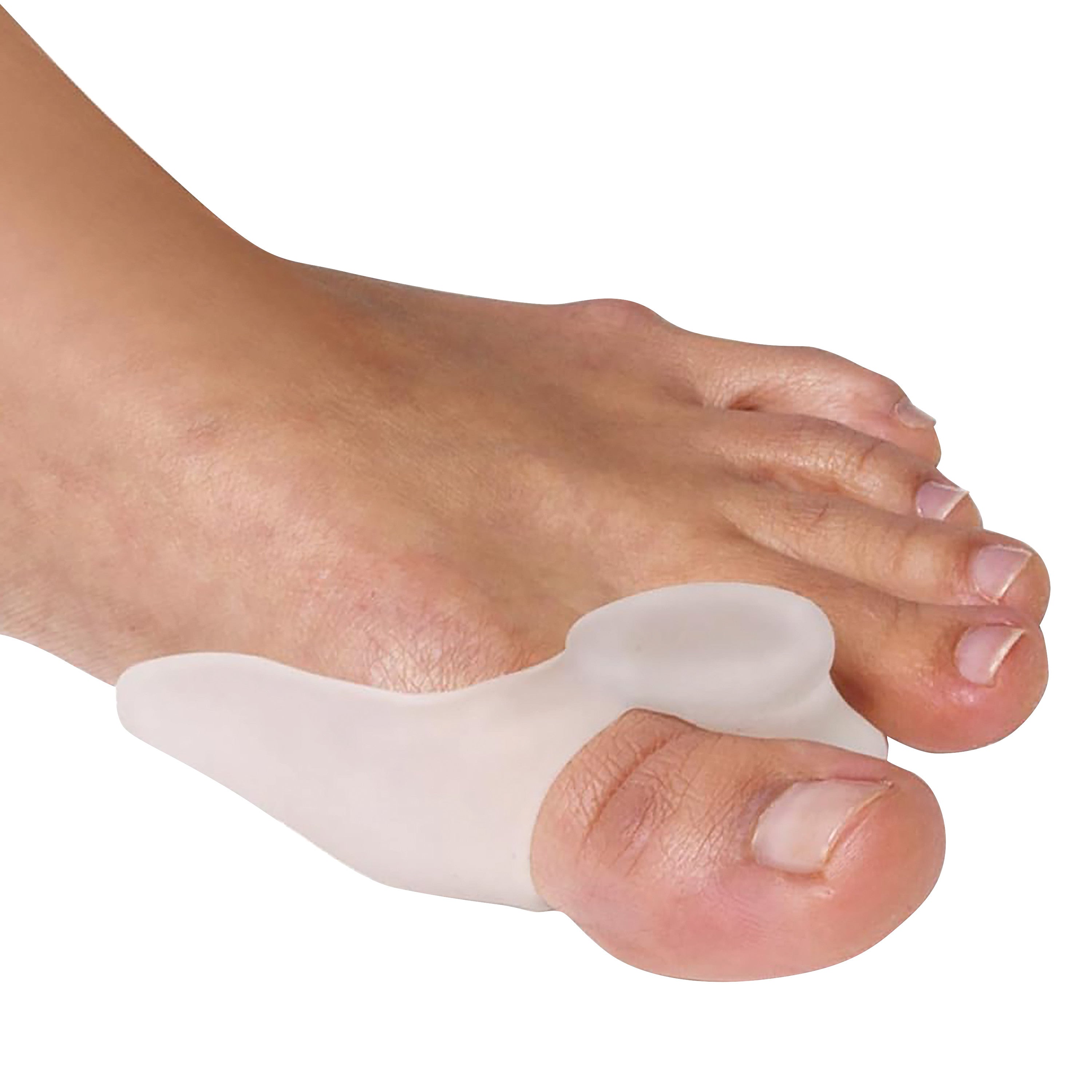 A foot wearing a PediFix Visco-GEL Dual-Action Toe Space/Bunion Guard Combo, positioned between the big toe and second toe.