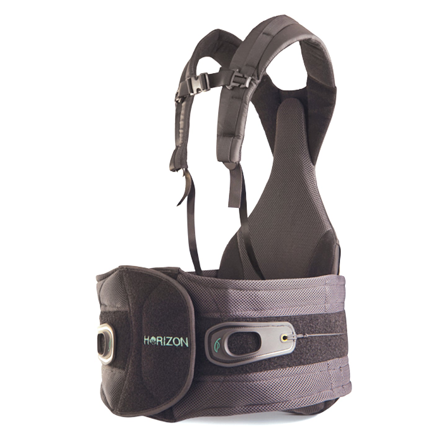 The Horizon 456 TLSO Back Brace features adjustable shoulder straps, support panel, and fastening mechanisms for spinal support.