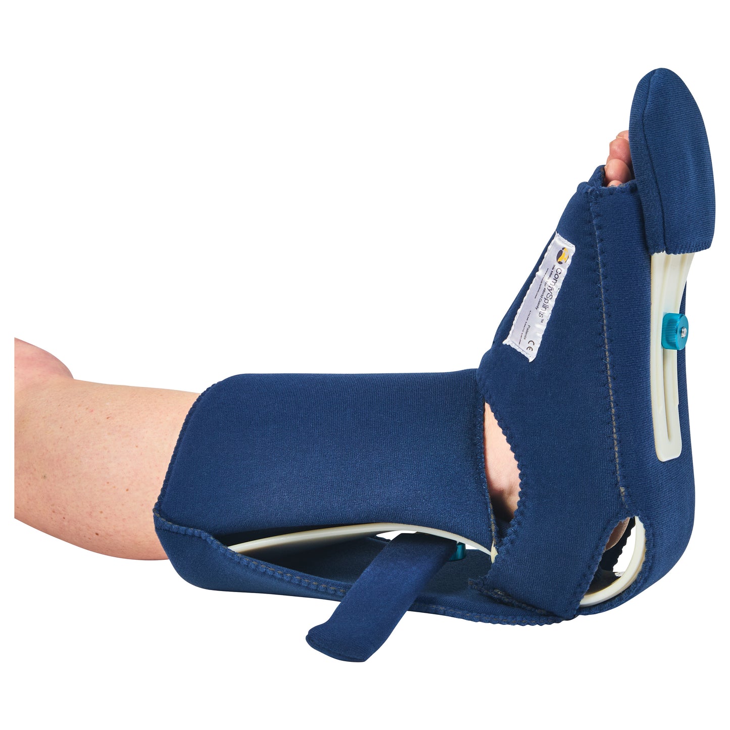 A person's leg is fitted with a Comfy Splints Adult Standard Contracture Boot in navy blue, providing support and immobilization.
