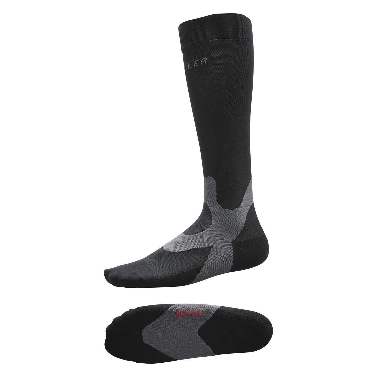 A pair of Mueller Graduated Compression Socks in black with gray patterns, featuring the word "perform" printed on the sole.