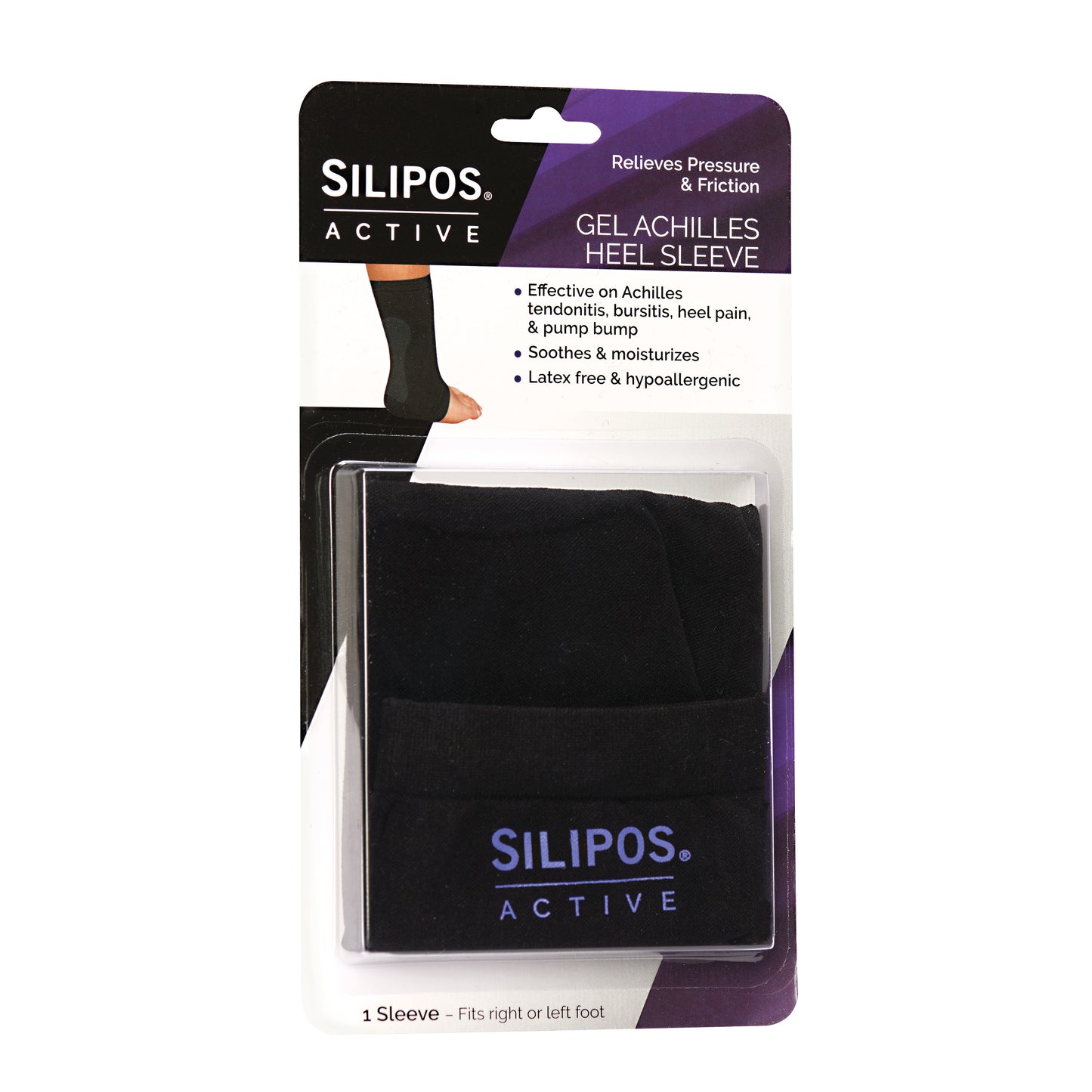 Silipos Active Gel Achilles Heel Sleeve packaging with a visible black sleeve. Claims to relieve pressure, soothe, and moisturize.