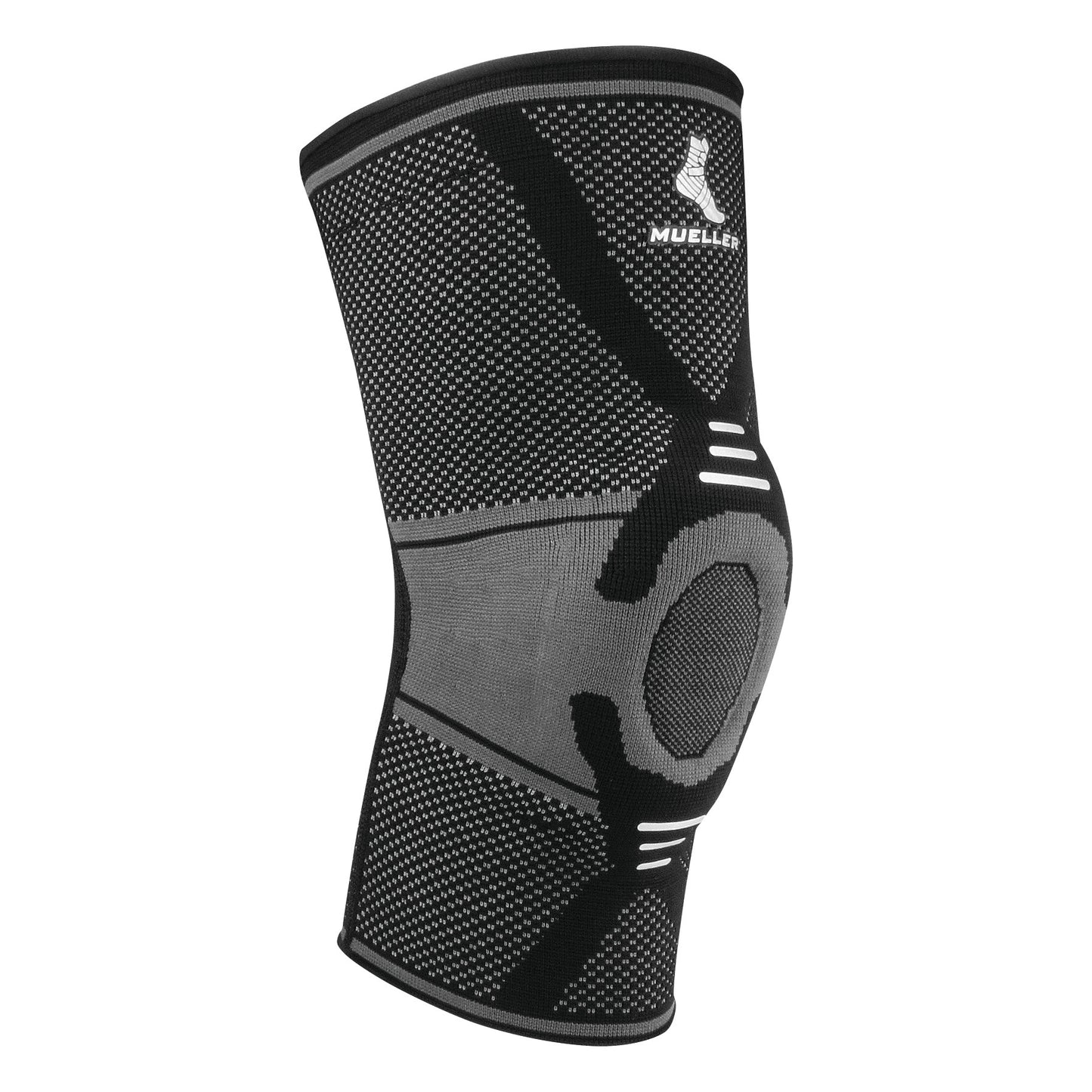 A black and gray Mueller Omniforce Knee Support with textured patterns and an open patella design for knee stabilization.