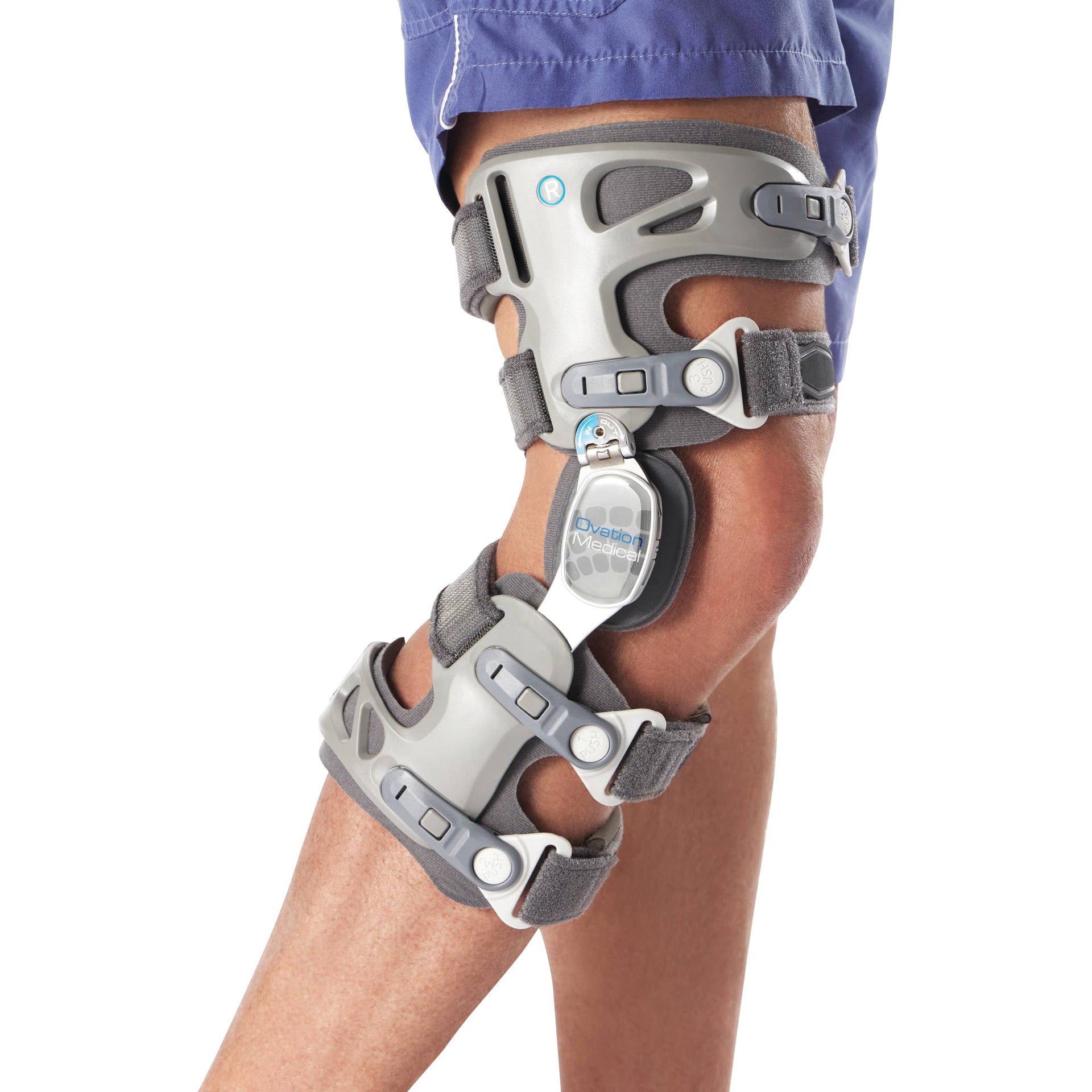A person wearing a Game Changer OA Knee Brace on their right leg, featuring adjustable straps and a sturdy frame for support.
