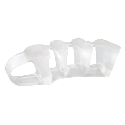 Transparent PediFix Visco-GEL 5-ToeBuddy, a toe separator designed to align and cushion toes, sits on a white background.