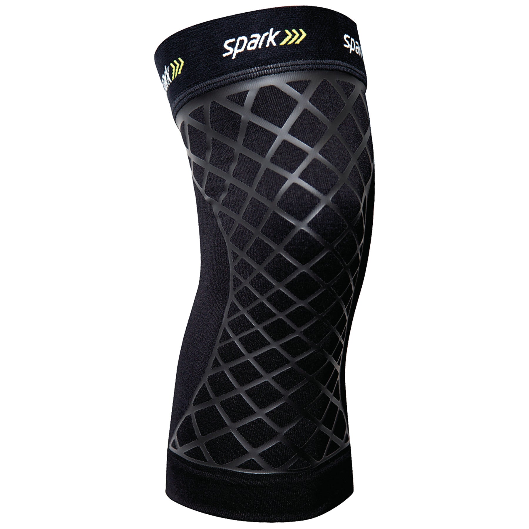 Brownmed Spark Kinetic Knee Sleeve in black with a gray grid pattern, designed to provide support and compression for the knee.