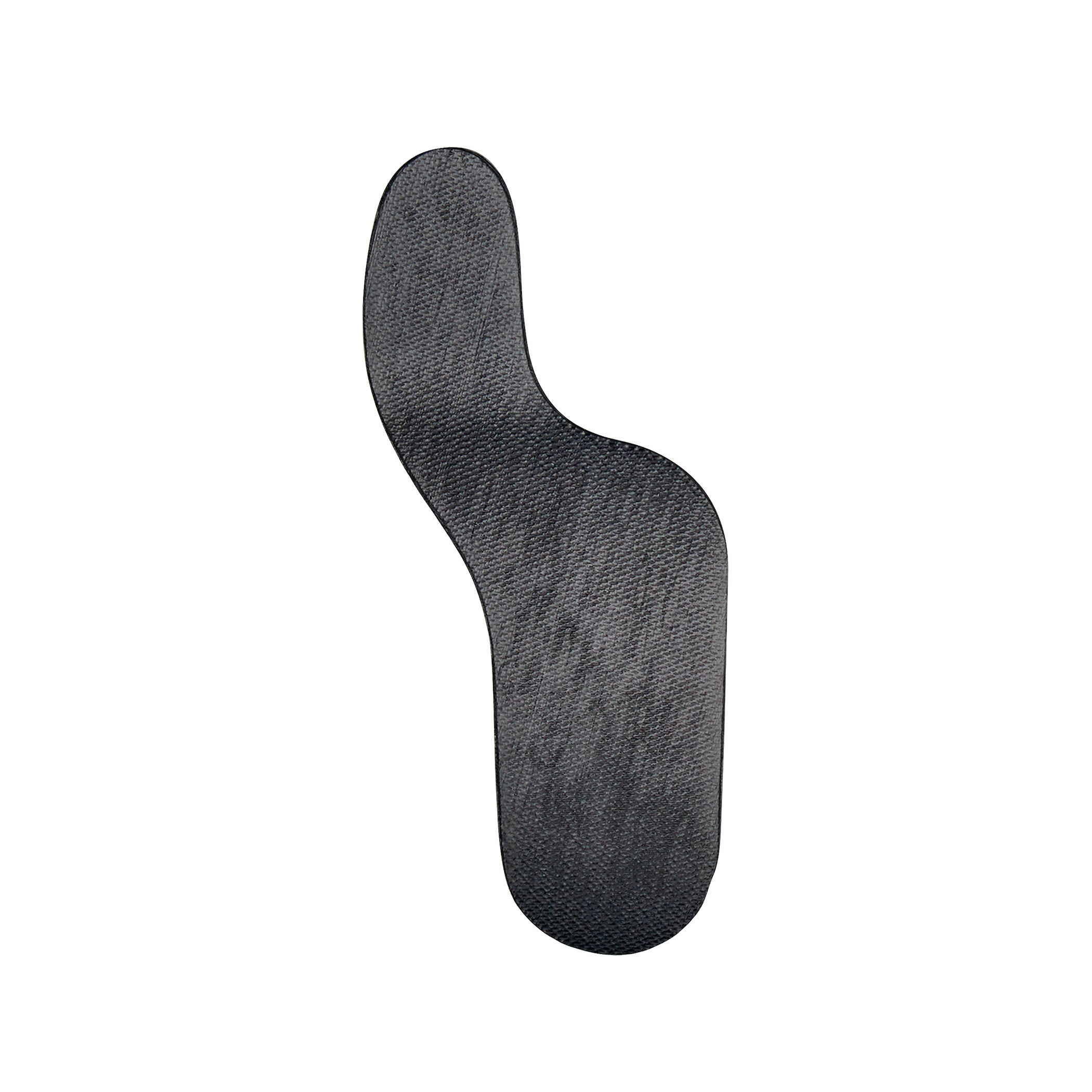 A black Carboplast Thermoplastic Long Contoured Morton's Toe Plate, designed with a curved shape, is shown against a white background.