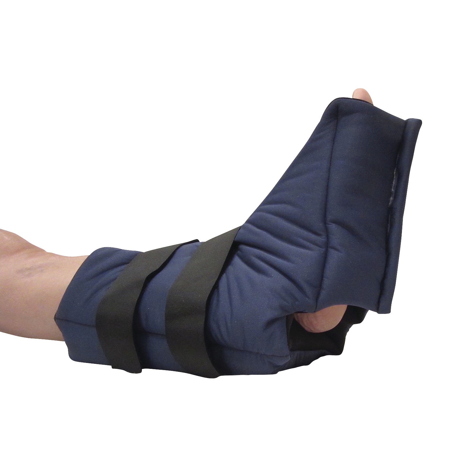 A person's lower leg wearing a DermaSaver DermaLift support with blue padded fabric and black straps to keep the foot elevated.