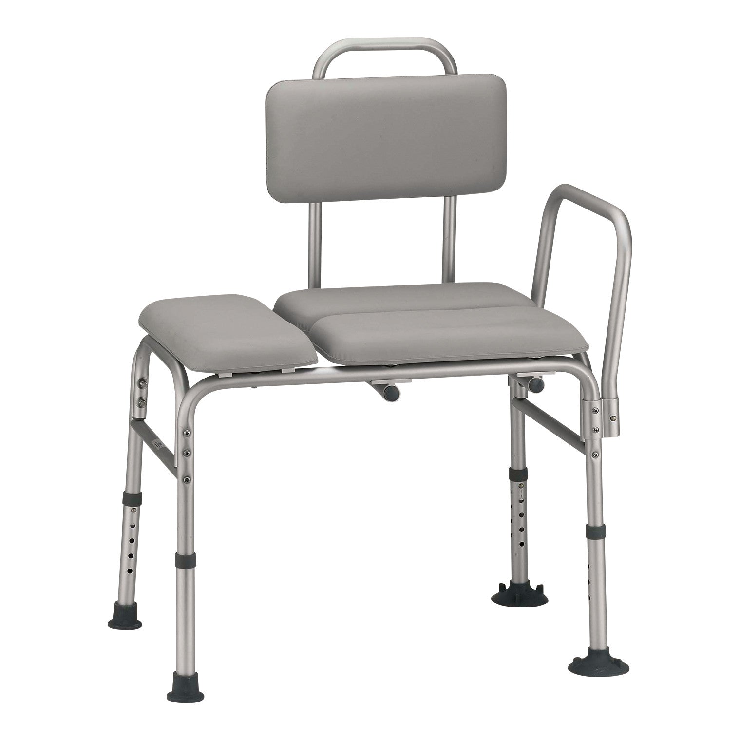 The Drive Medical Padded Transfer Bench has an adjustable metal frame with a cushioned backrest, armrest, and seat for bathtub access.