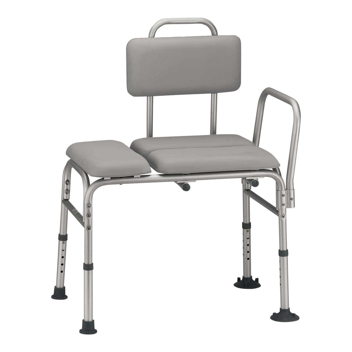 The Drive Medical Padded Transfer Bench has an adjustable metal frame with a cushioned backrest, armrest, and seat for bathtub access.