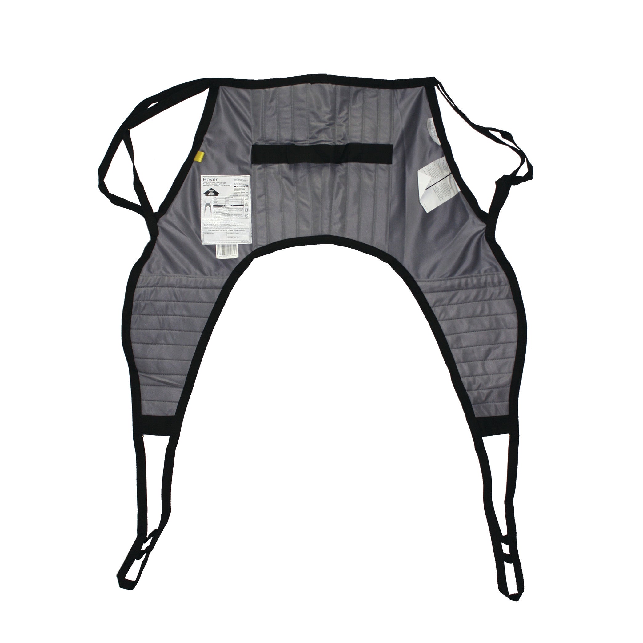 The Hoyer Classic Padded U-Sling, designed for patient lifting, is gray with black trim and multiple straps and labels.