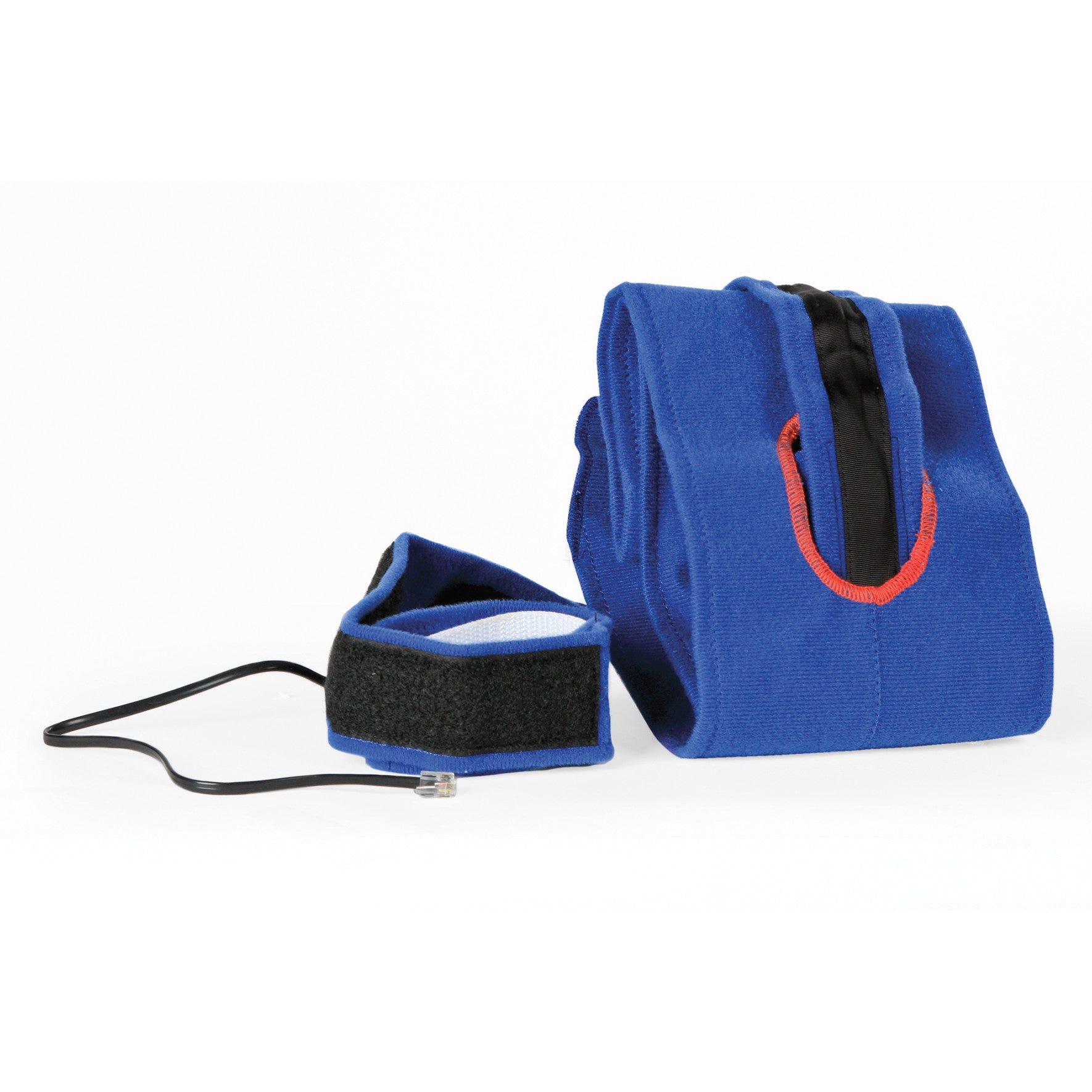 AliMed Roll-Control Belt in blue cloth, featuring a black strap and a connecting cable, designed to secure patients during procedures.