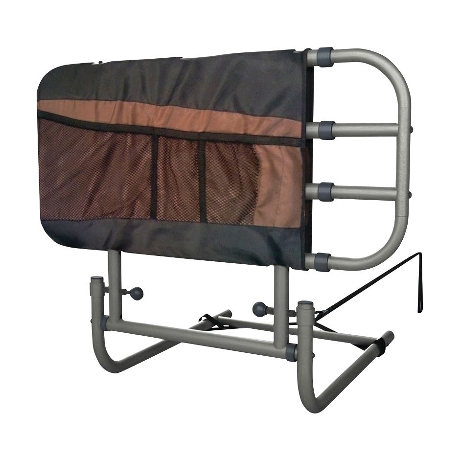 Stander EZ Adjust Bed Rail, featuring a fabric pouch with mesh pockets, adjustable metal frame, and safety straps for bedside use.