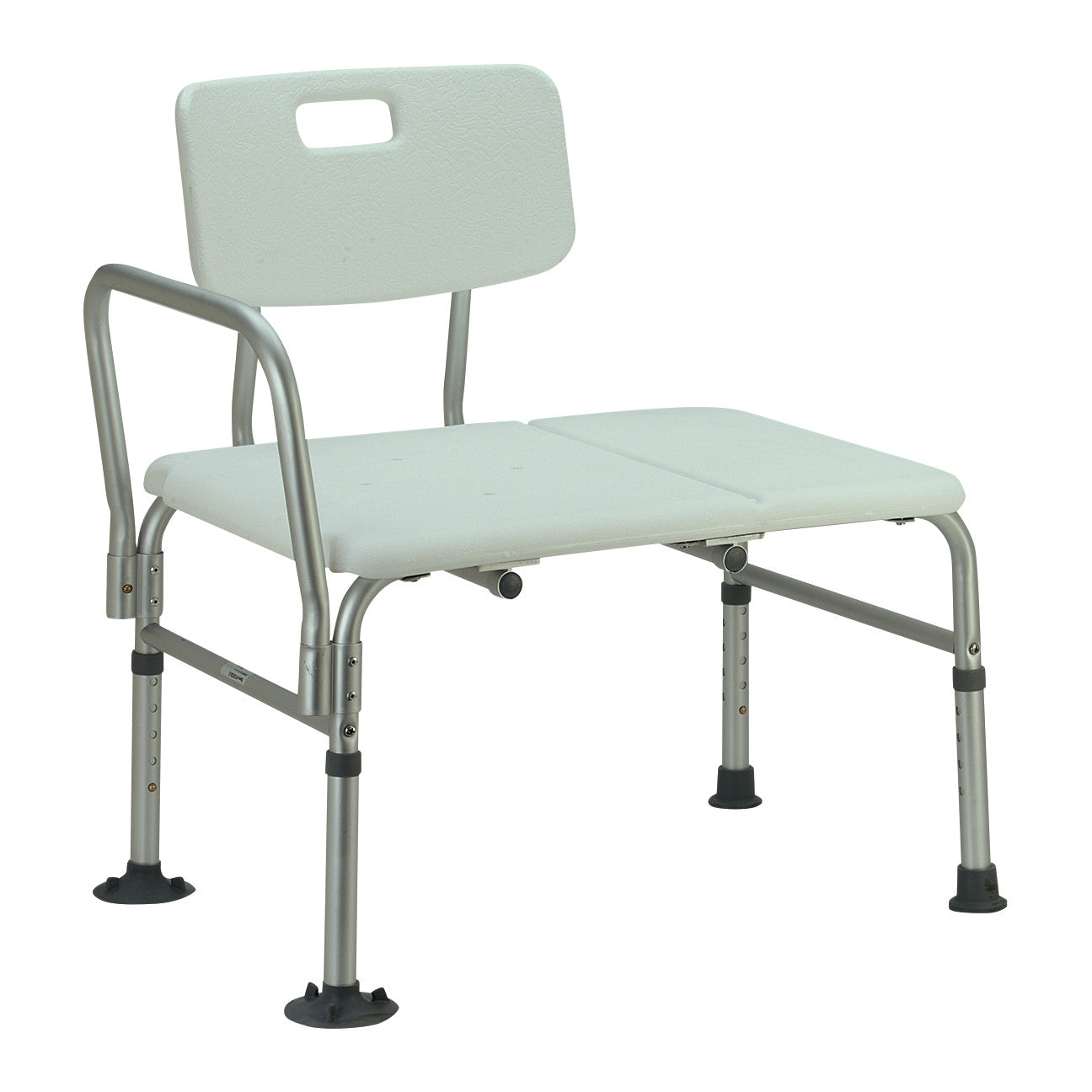 Drive Medical Transfer Tub Bench with a white plastic seat and backrest, adjustable metal legs, and suction cups for stability.
