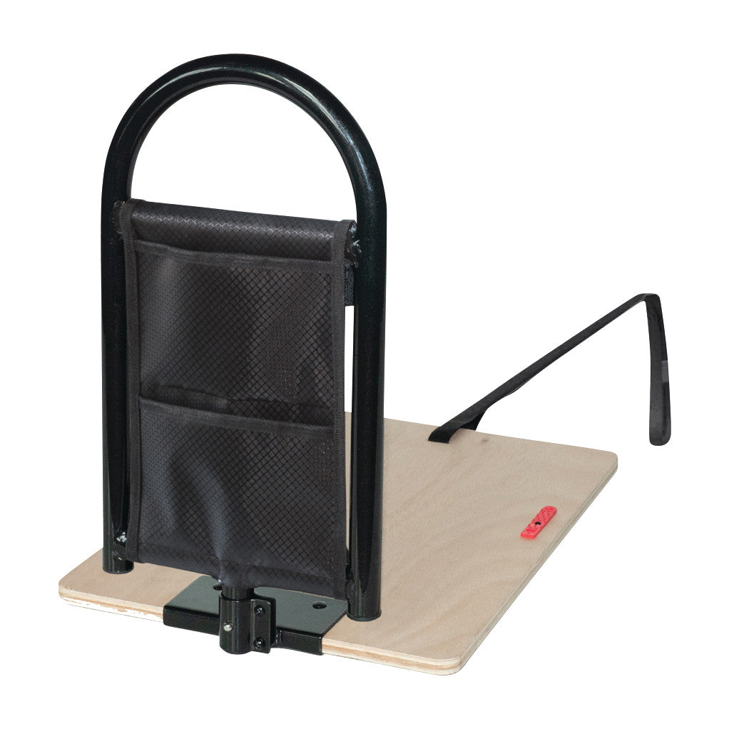 Stander BedCane with a wooden base, black metal support handle, and side pockets, designed for assistance getting in and out of bed.