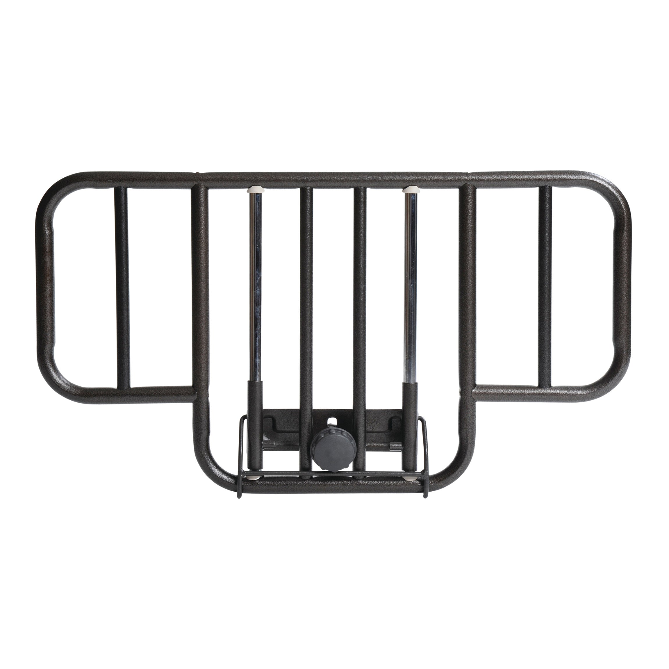 A black, metal "Drive Medical Half Rail" with vertical bars and rounded corners, designed for bed safety and support.