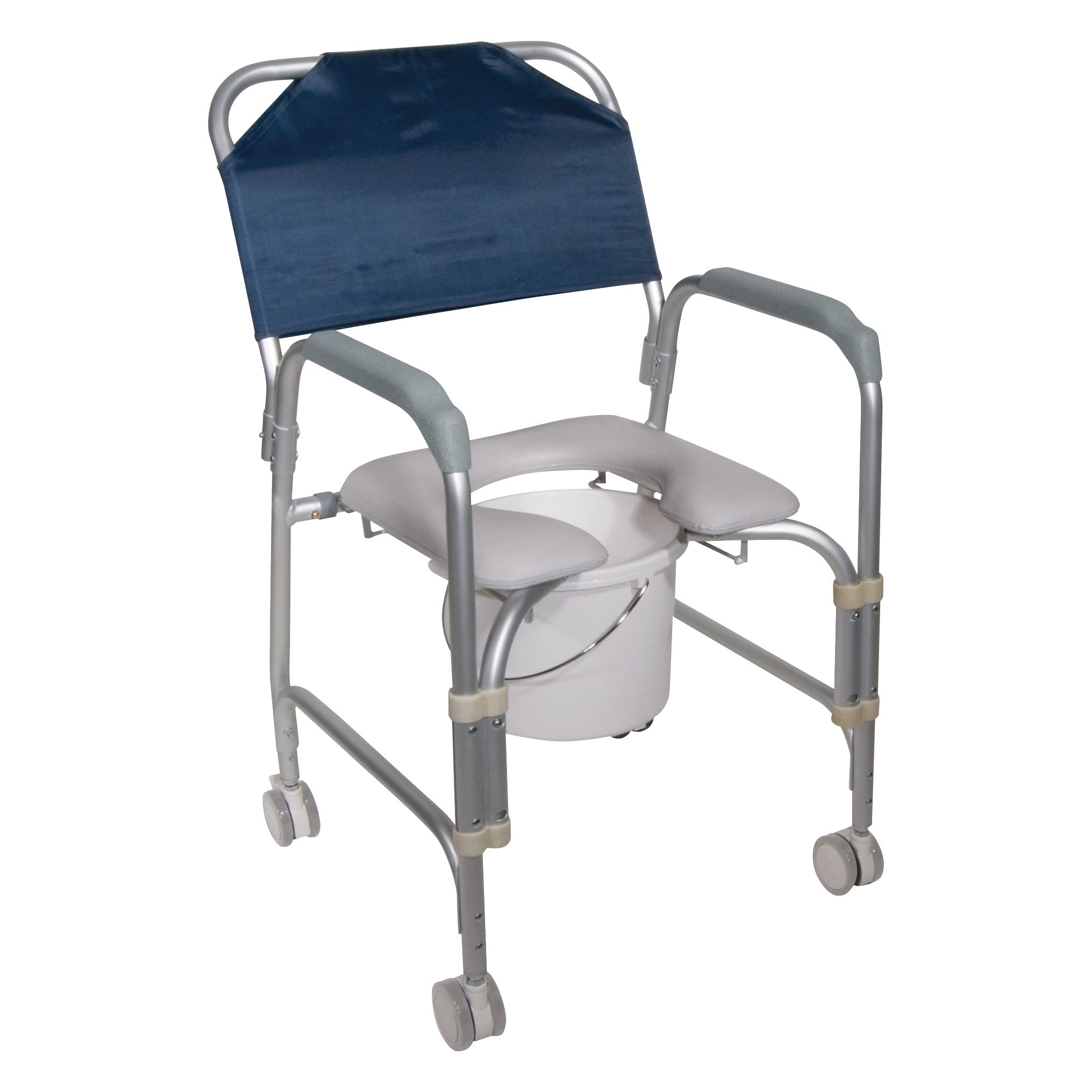 Drive Medical Aluminum Shower Chair and Commode with armrests, padded seat, and removable bucket, featuring a blue backrest and wheels.