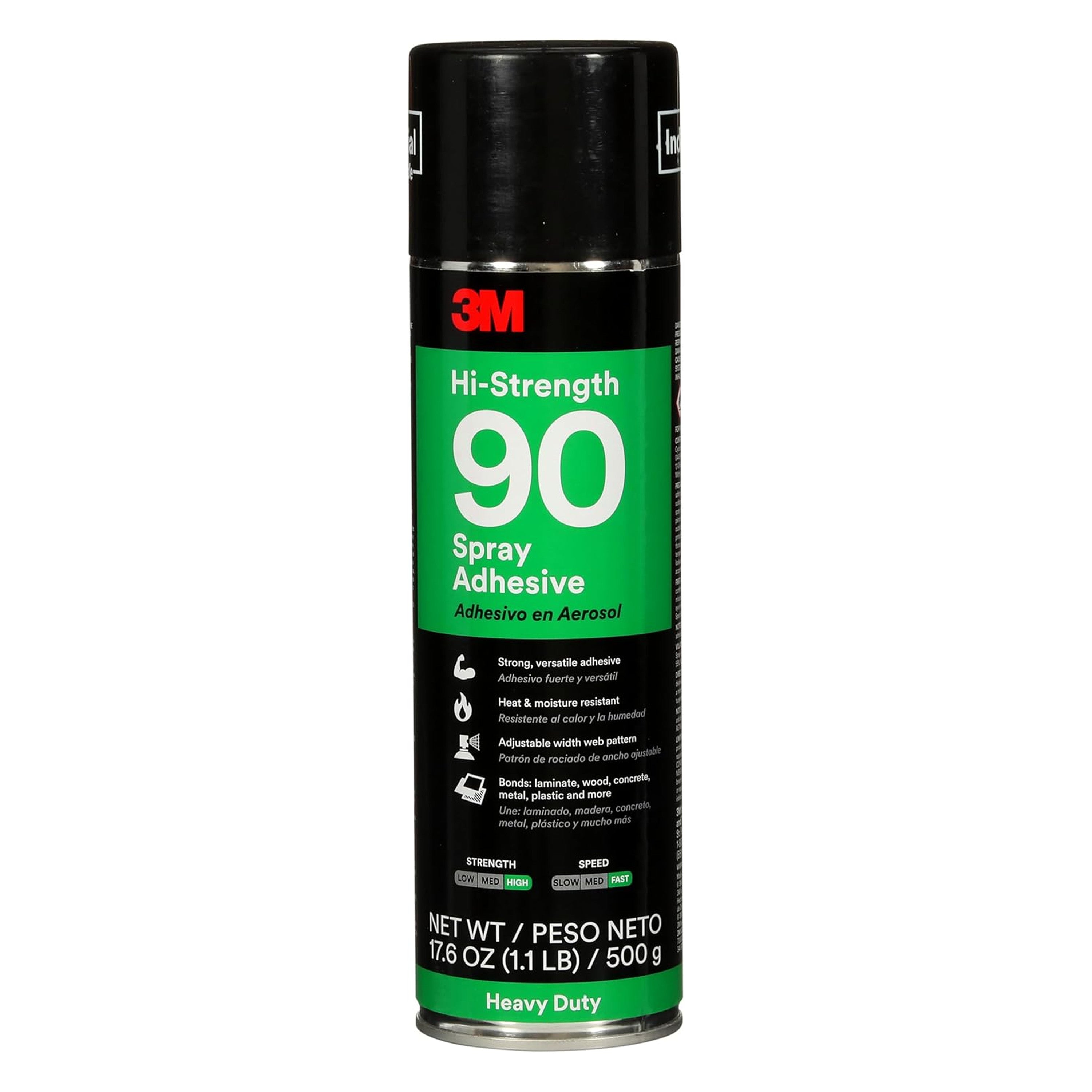 A can of 3M 90 Spray Adhesive, labeled as heavy duty, with features like adjustable spray, strong bonds, and moisture resistance.