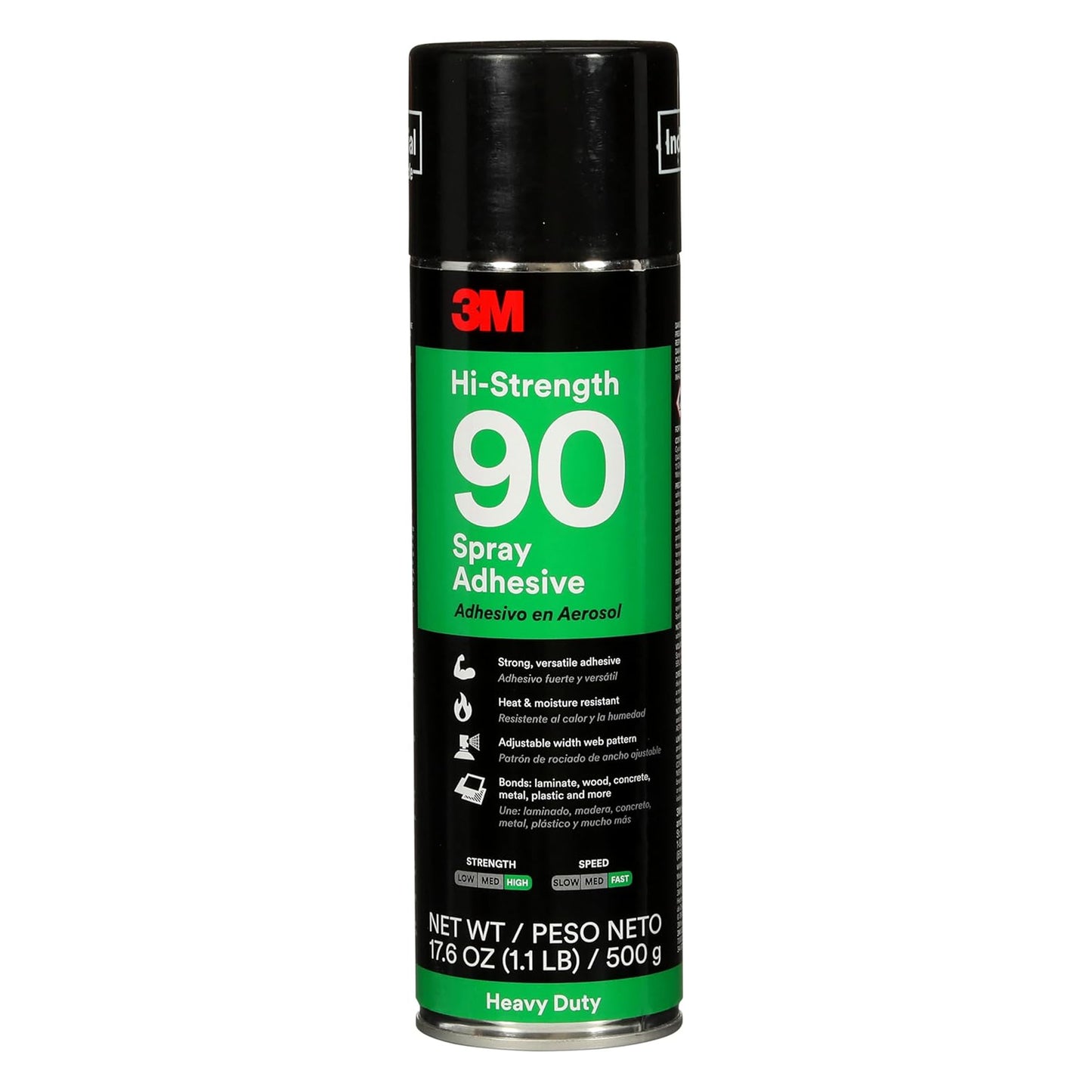 A can of 3M 90 Spray Adhesive, labeled as heavy duty, with features like adjustable spray, strong bonds, and moisture resistance.