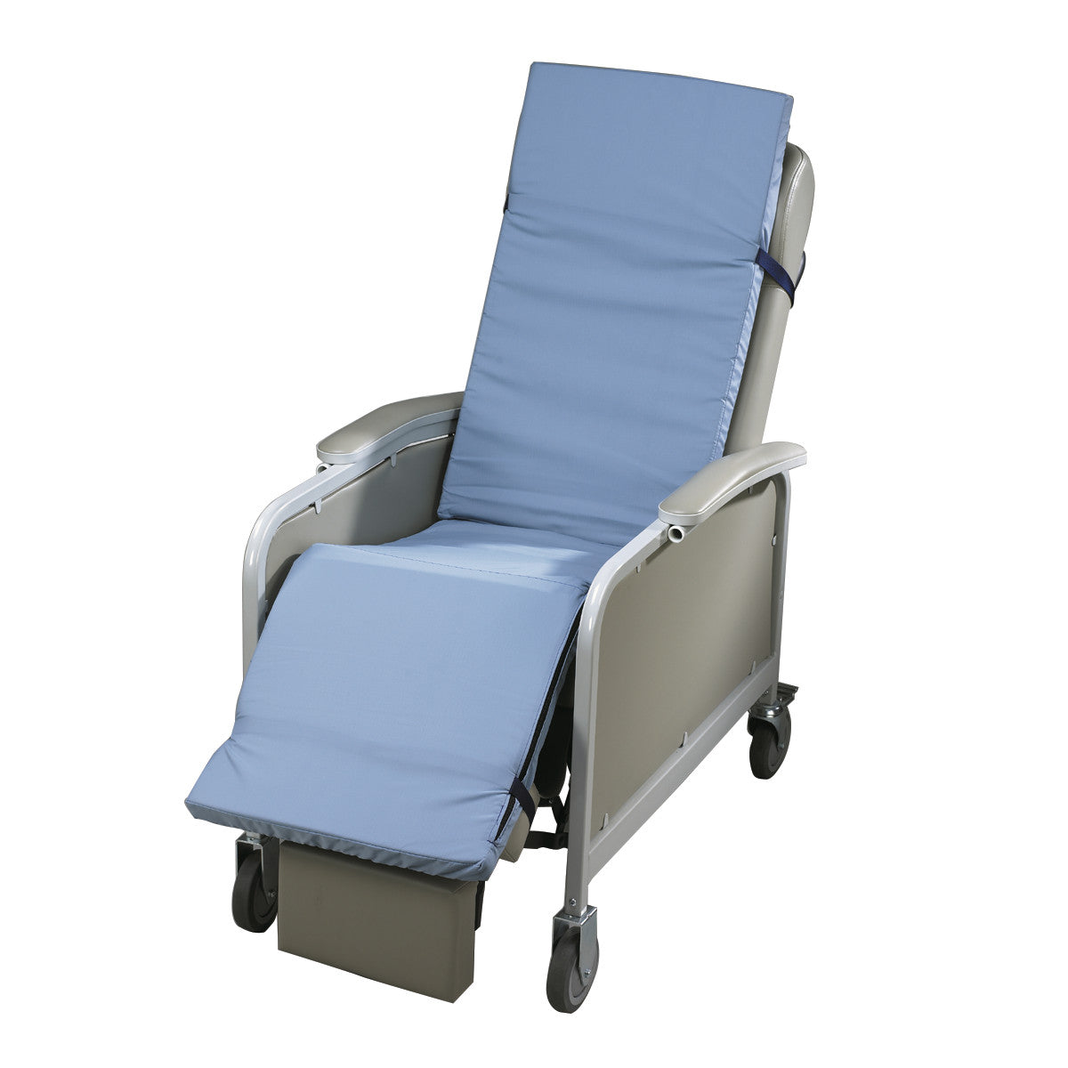 SkiL-Care Geri-Chair Gel Overlay on a reclining chair with wheels, featuring light blue padding and adjustable back and footrest.