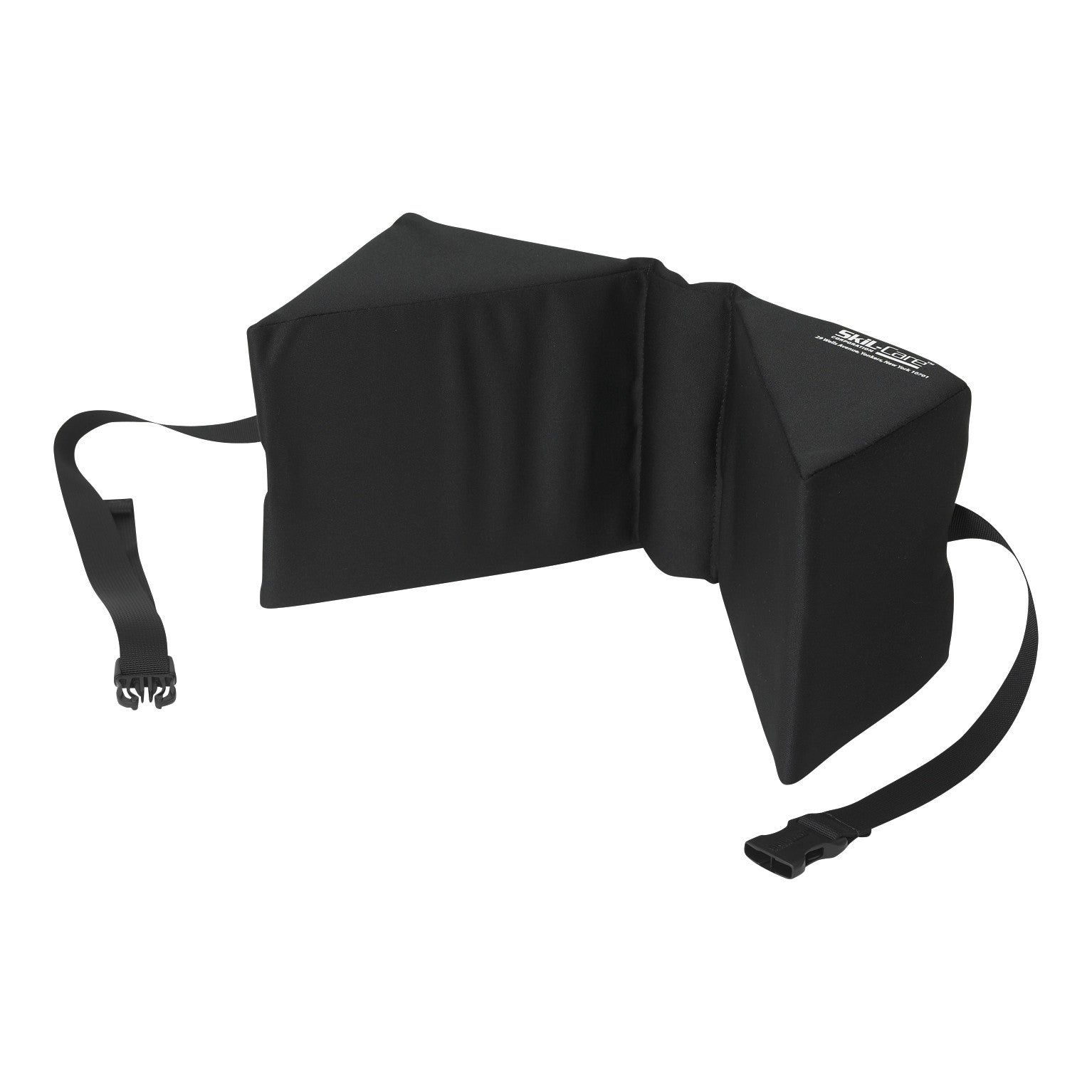 SkiL-Care Triangular Head Positioner in black, featuring two connected wedge cushions with adjustable straps and buckle.