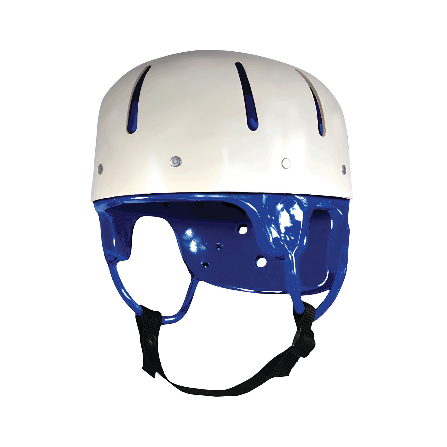 The Danmar Products Hard Shell Helmet features a white top, blue trim, ventilation slots, and a black adjustable strap.