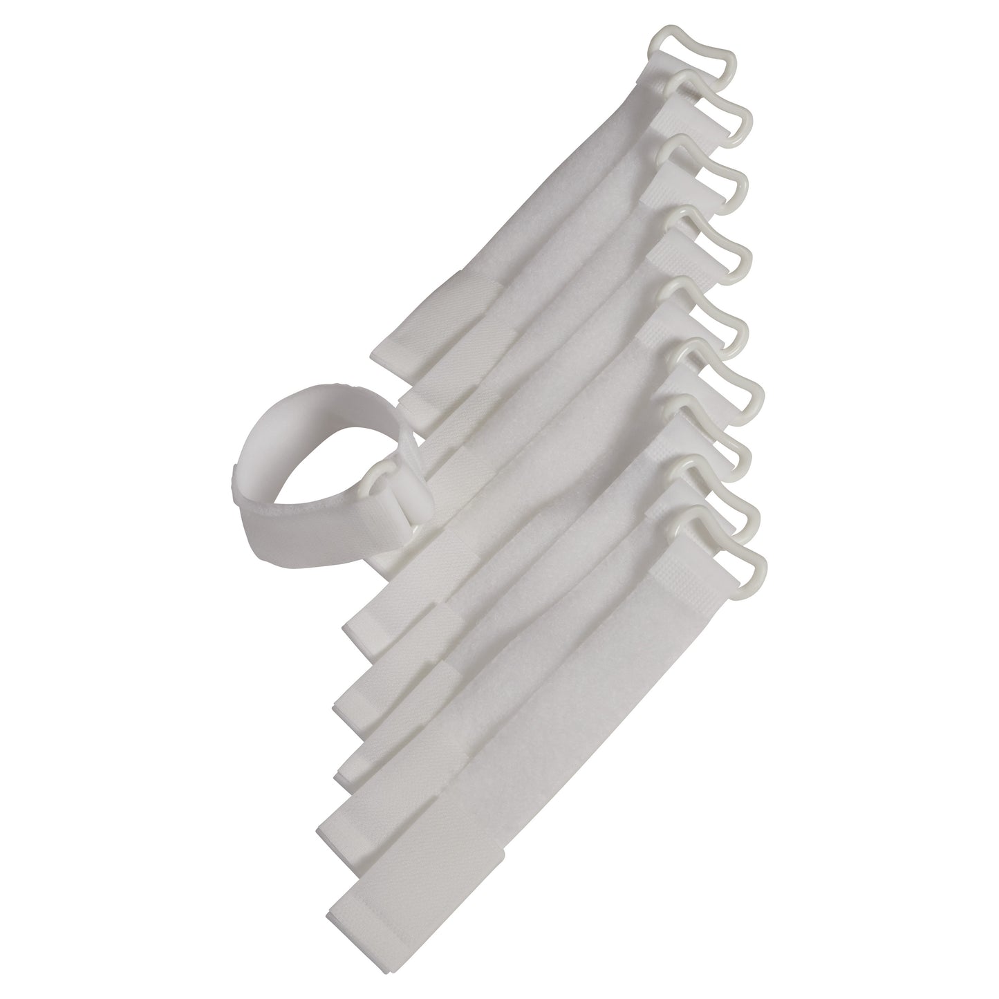 The image displays multiple white AliMed D-Ring Straps with hook closures and velcro ends, used for securing or immobilizing limbs.