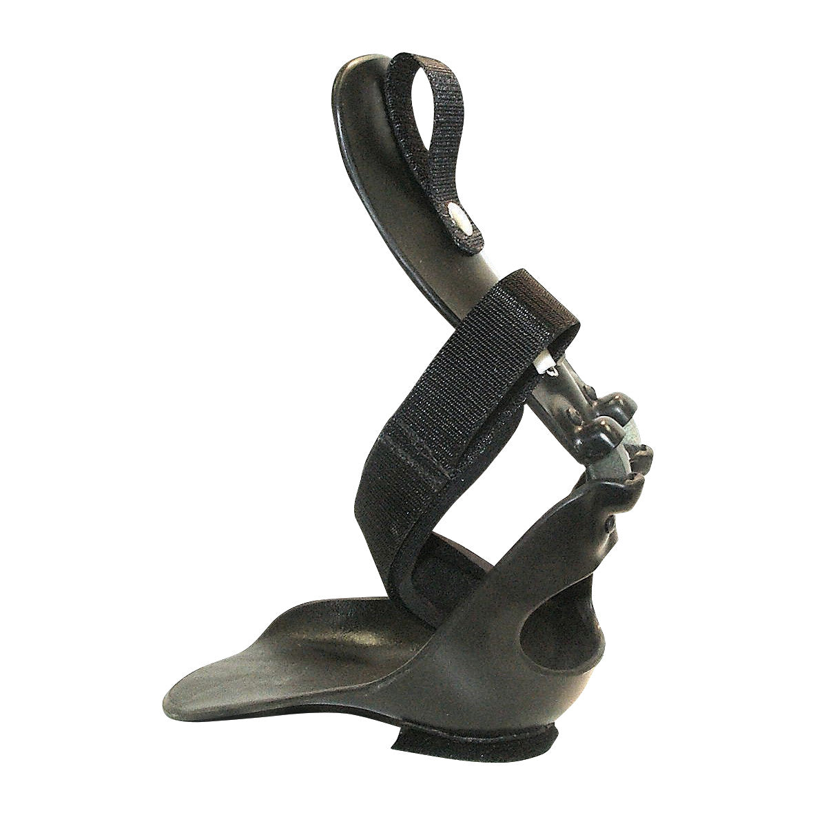 The Step-Smart Brace is a black foot and ankle support device with adjustable straps for stability and mobility assistance.