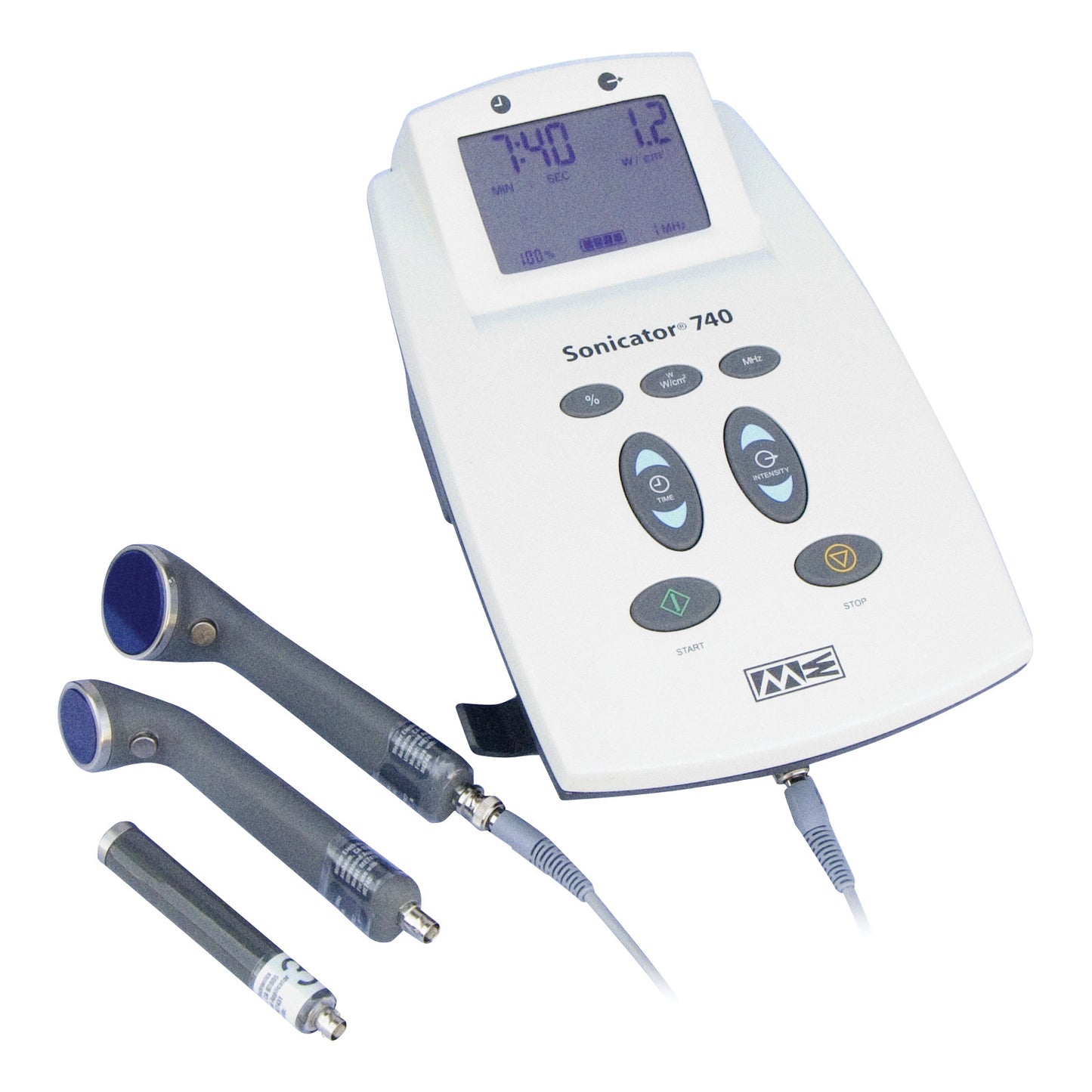 Mettler Sonicator 740 Ultrasound machine with a digital display and three detachable ultrasound heads of varying sizes.