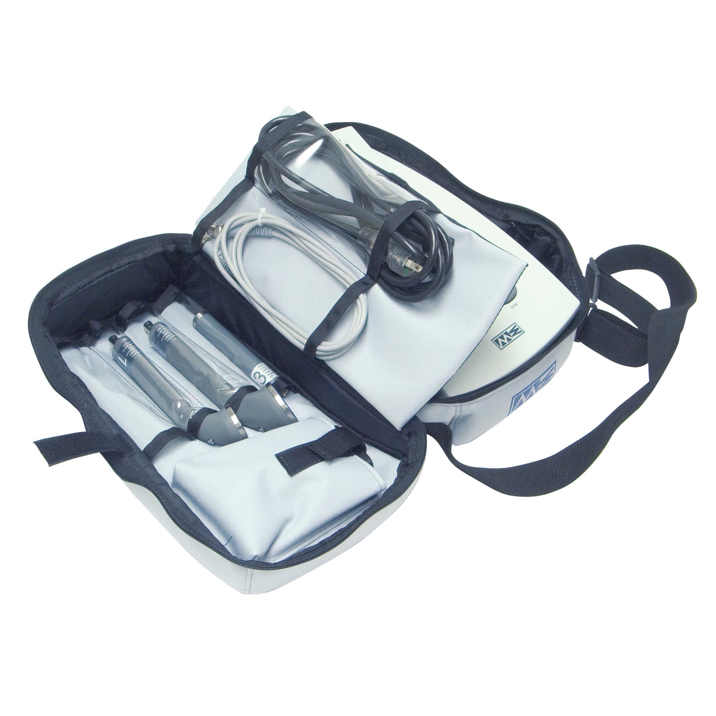 Travel Bag for Mettler Sonicator 740 Ultrasound with compartments holding ultrasound wands, cables, and a main device, partially open.