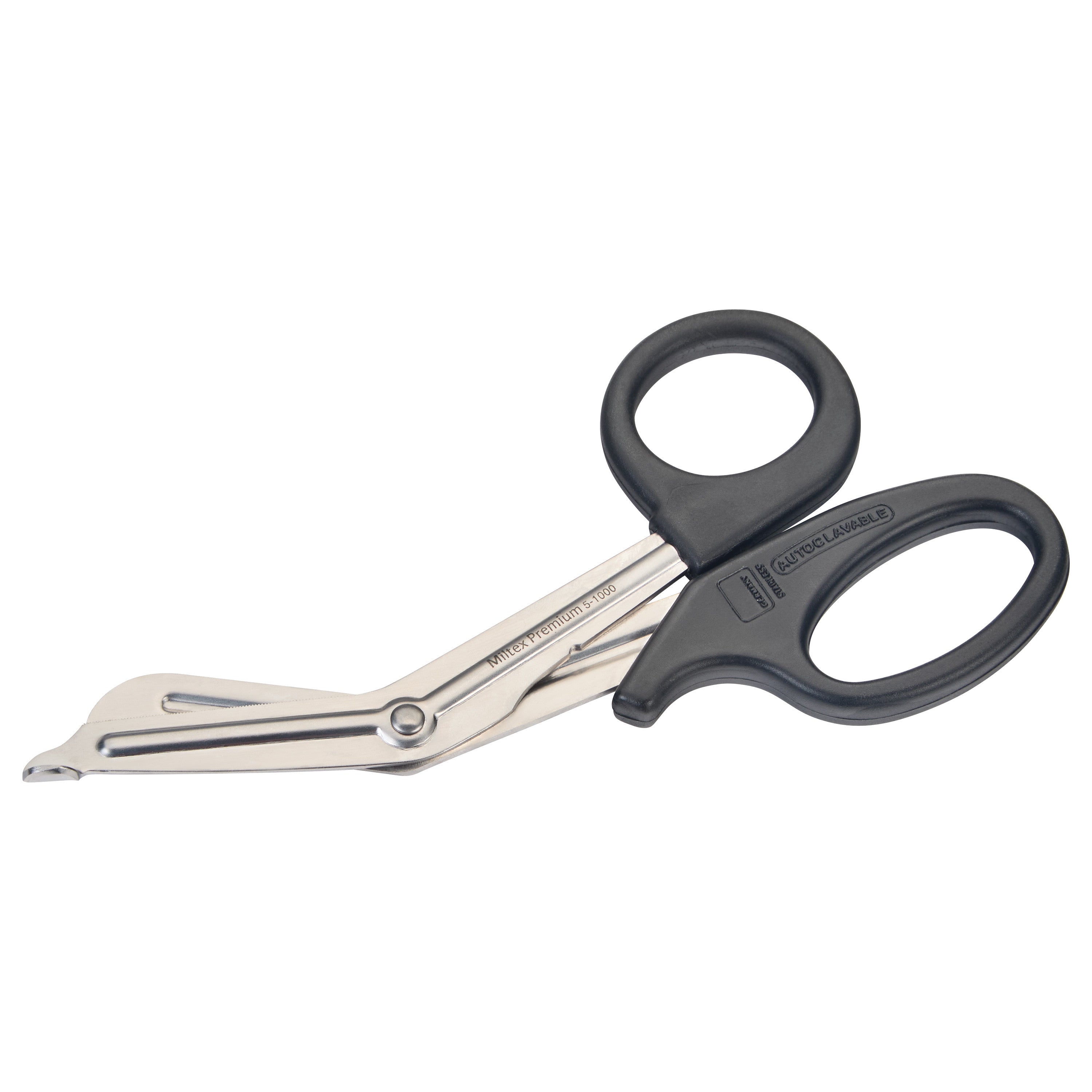 Miltex Universal Bandage Scissors with black handles and angled stainless steel blades designed for cutting bandages or dressings.