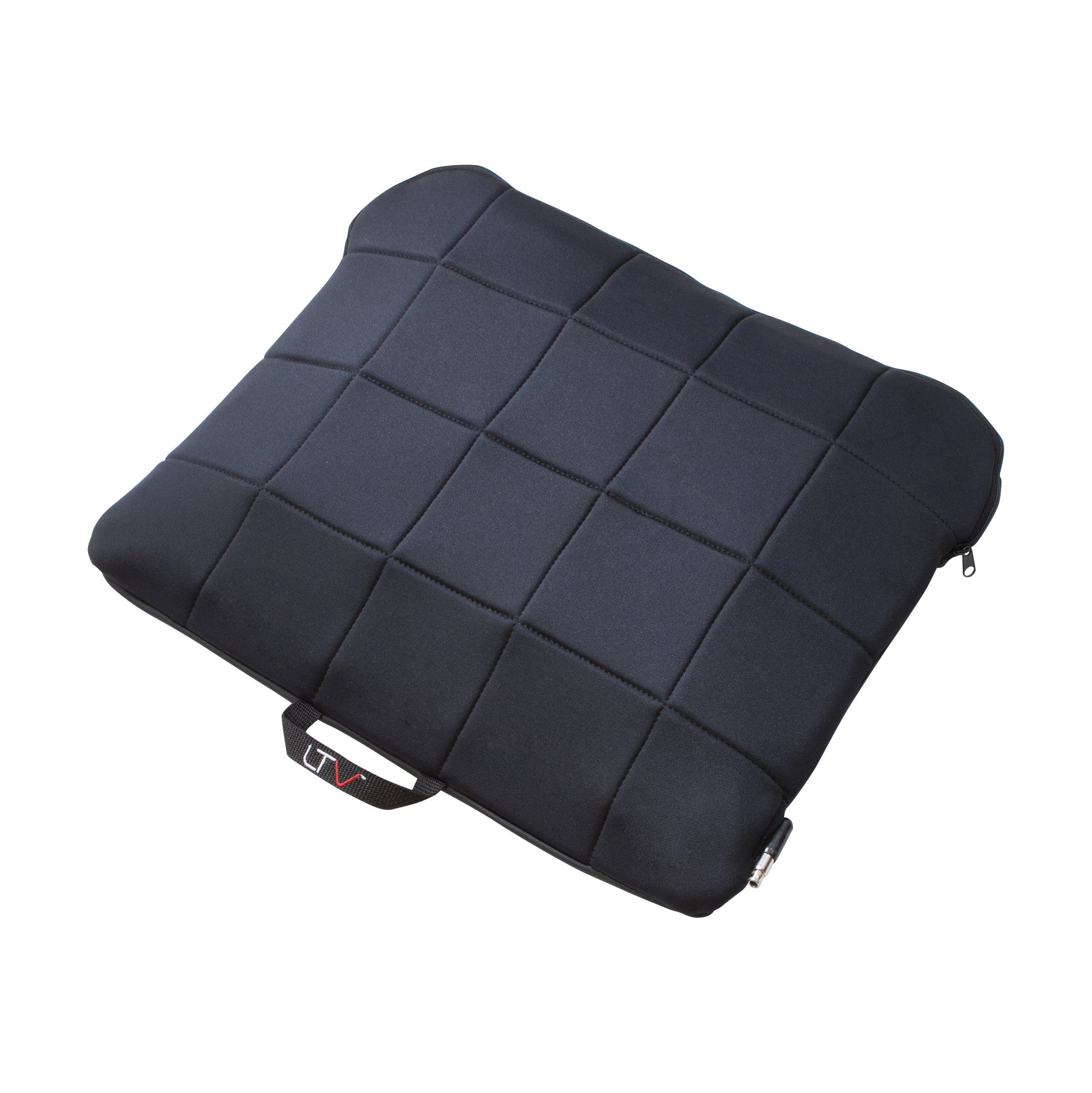 A black ROHO LTV Seat Cushion/Car Cushion with a grid pattern, featuring a handle and zipper on the edge.