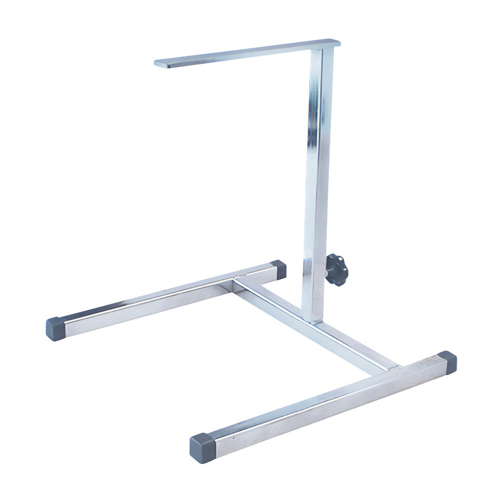 The Delta-Cast Adjustable Cast Stand features a sleek metal design with a horizontal support and a vertical adjustable arm.