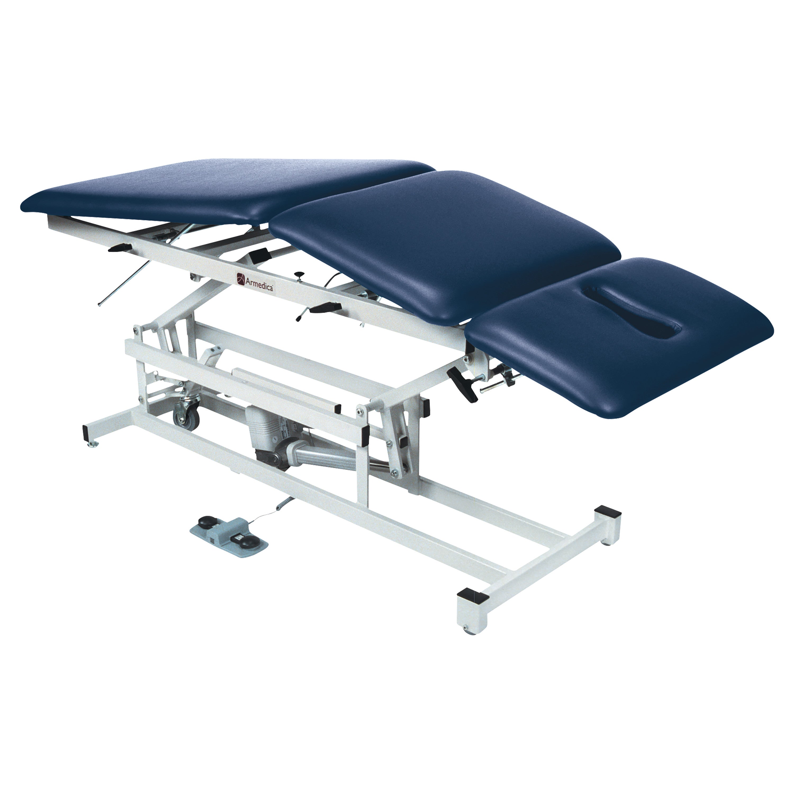 Armedica AM-300 Treatment Table with adjustable sections and blue padding is shown, featuring a face hole and foot controls.