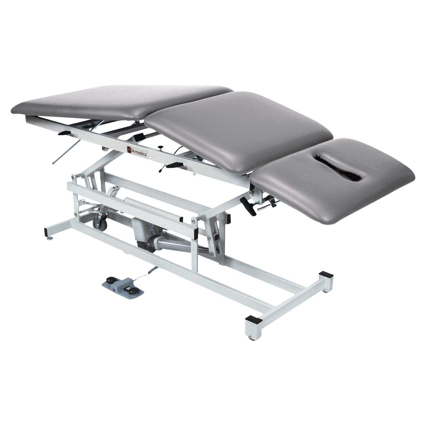 The Armedica AM-300 Treatment Table is an adjustable therapy table with a cushioned surface, face cutout, and foot pedal control.