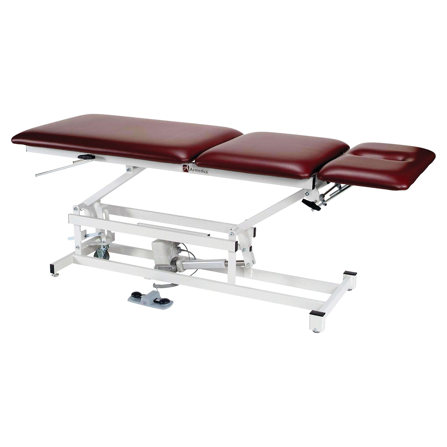 Armedica AM-350 Treatment Table with burgundy upholstery and an adjustable metal frame, featuring a hydraulic height mechanism.