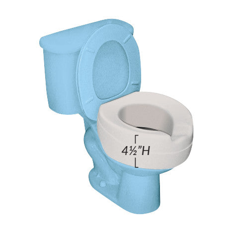 The Contact Plus Soft Toilet Seat is shown in white, fitted on a blue toilet, elevating it by 4.5 inches.