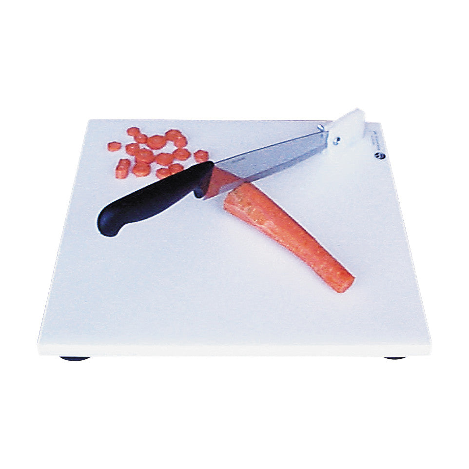 A Cutting Board with Pivot Knife holds a carrot in place while slices have been cut and scattered nearby on the board.