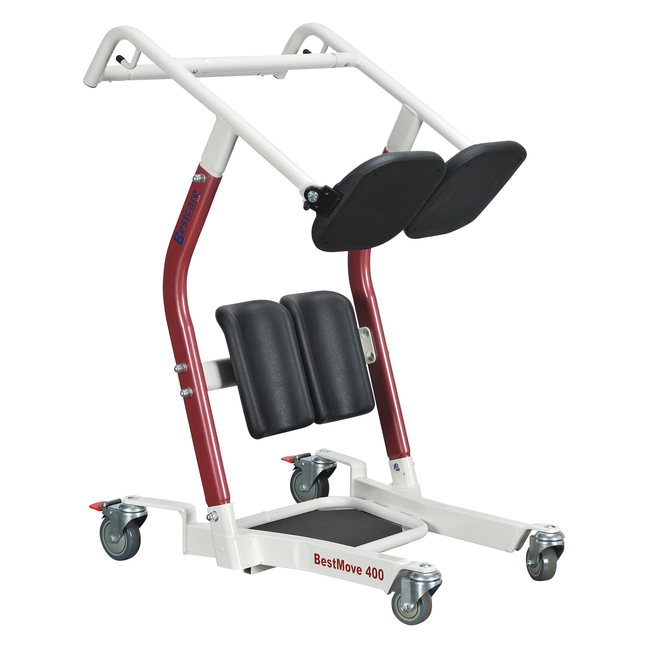 The Bestcare BestMove Standing Transfer Aid is a mobility device with a sturdy frame, padded supports, and four caster wheels.