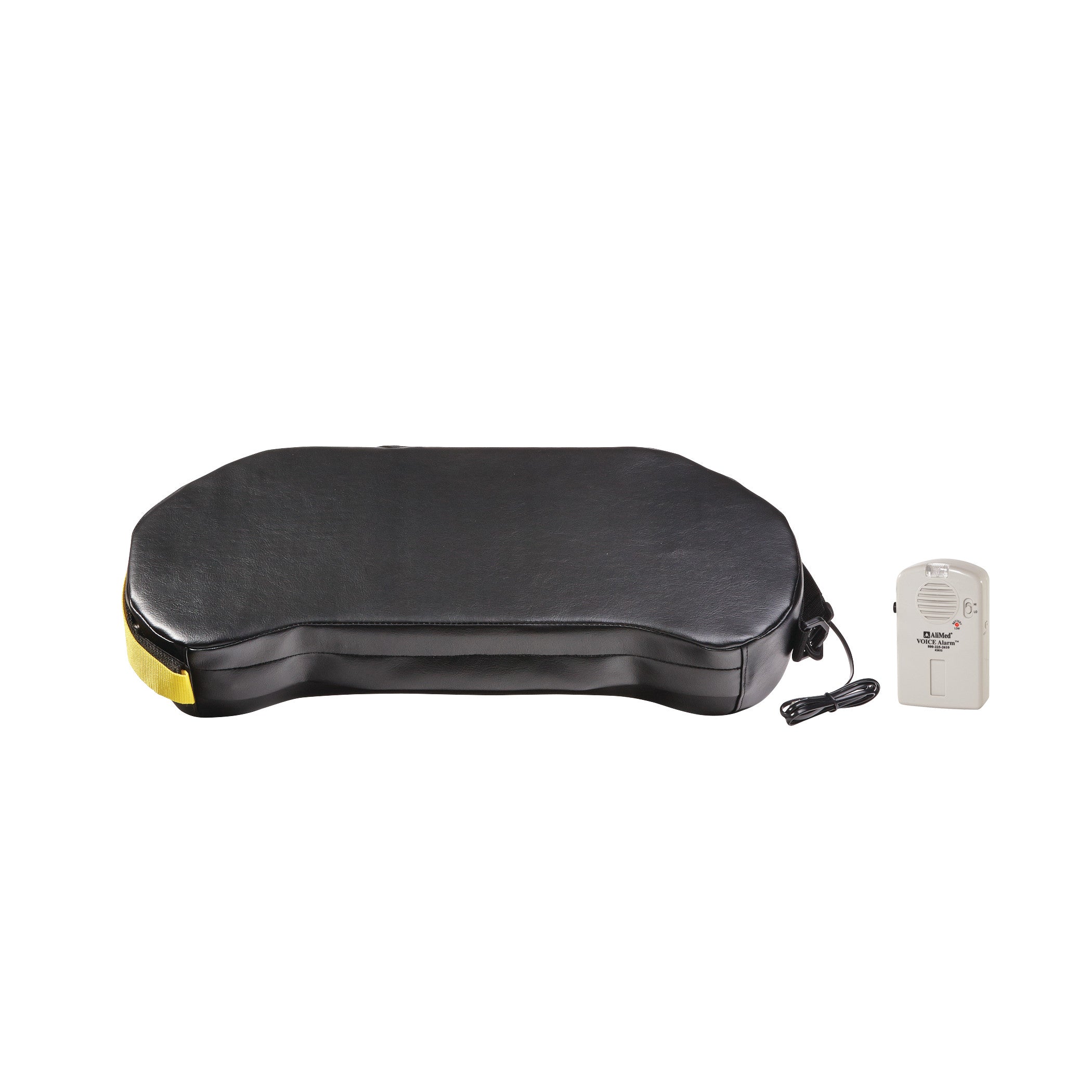 AliMed BreakAway Lap Cushion with IQ VOICE Alarm features a black cushion with a connected alarm box and black cable.