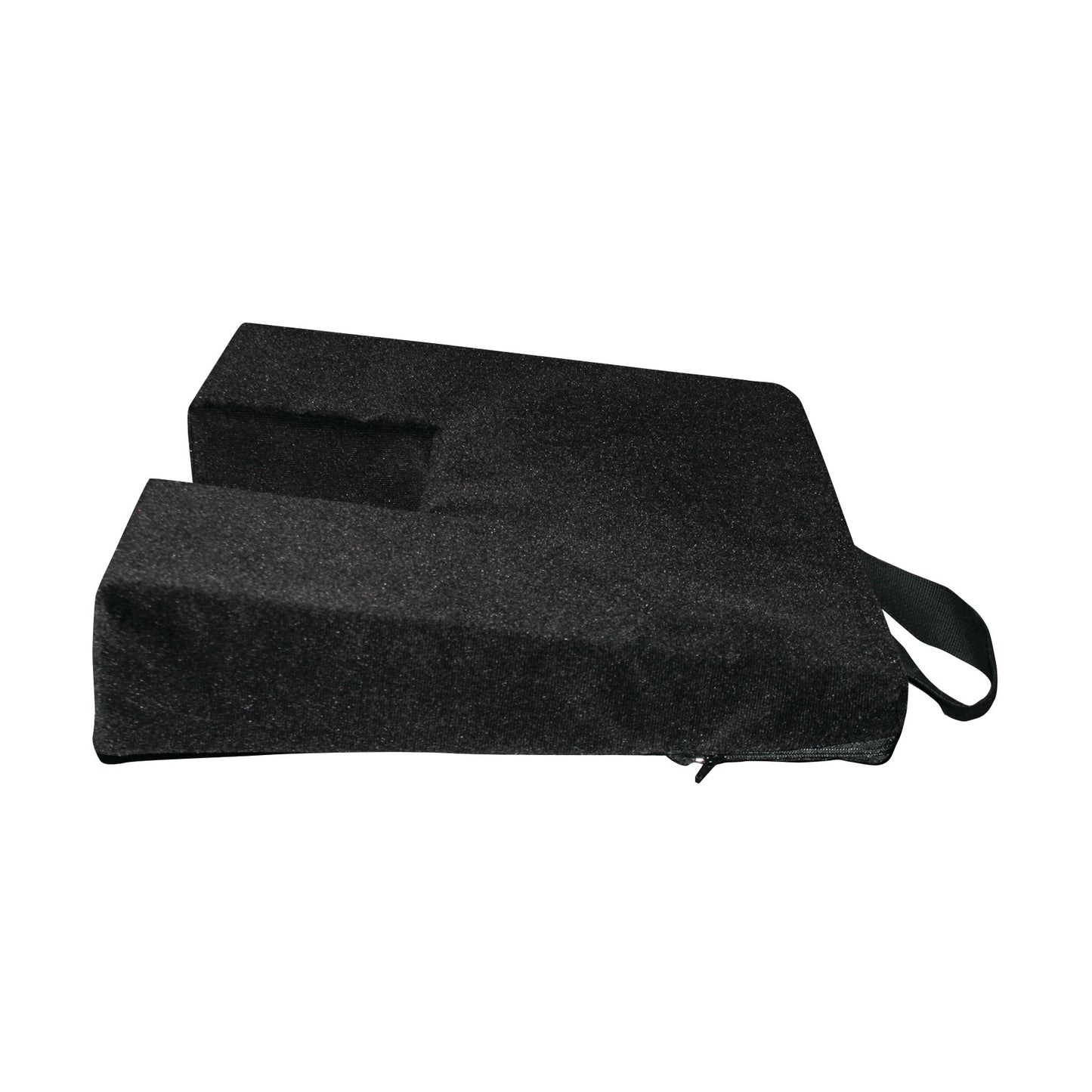 The AliMed Ergo Coccyx Cushion is a black, wedge-shaped cushion with a cutout for coccyx relief and a strap attached for carrying.