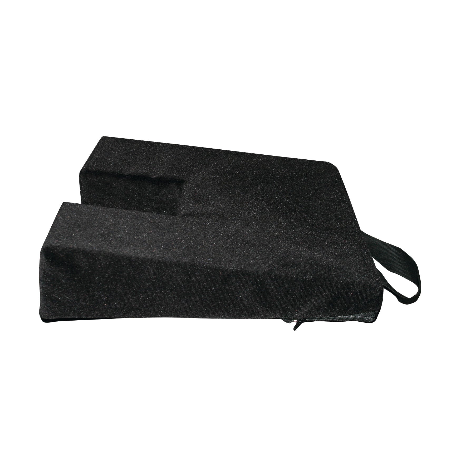 The AliMed Ergo Coccyx Cushion is a black, wedge-shaped cushion with a cutout for coccyx relief and a strap attached for carrying.