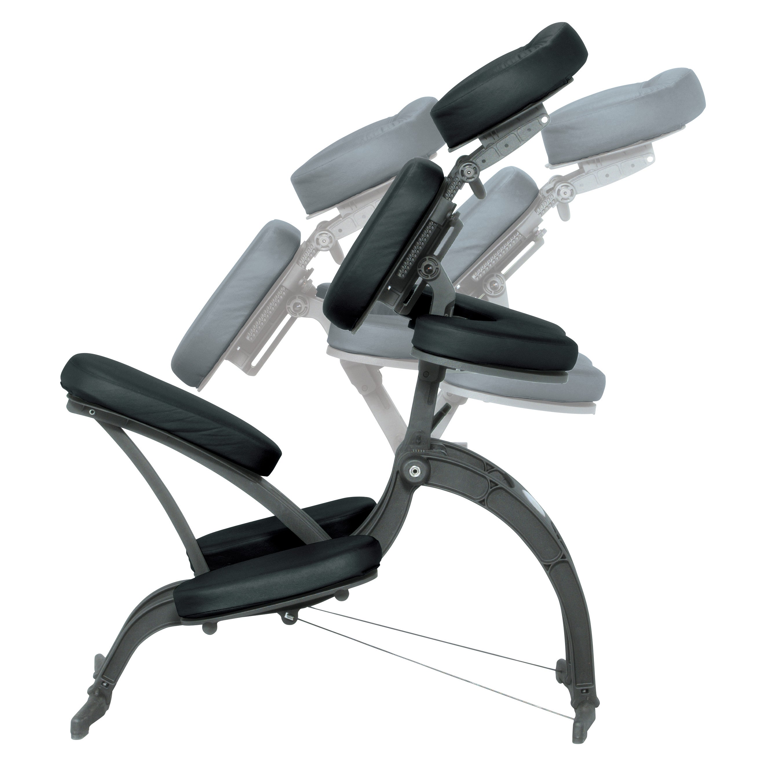 EarthLite Avila II Portable Massage Chair shown in multiple adjustable positions, featuring black cushions and a sturdy frame.