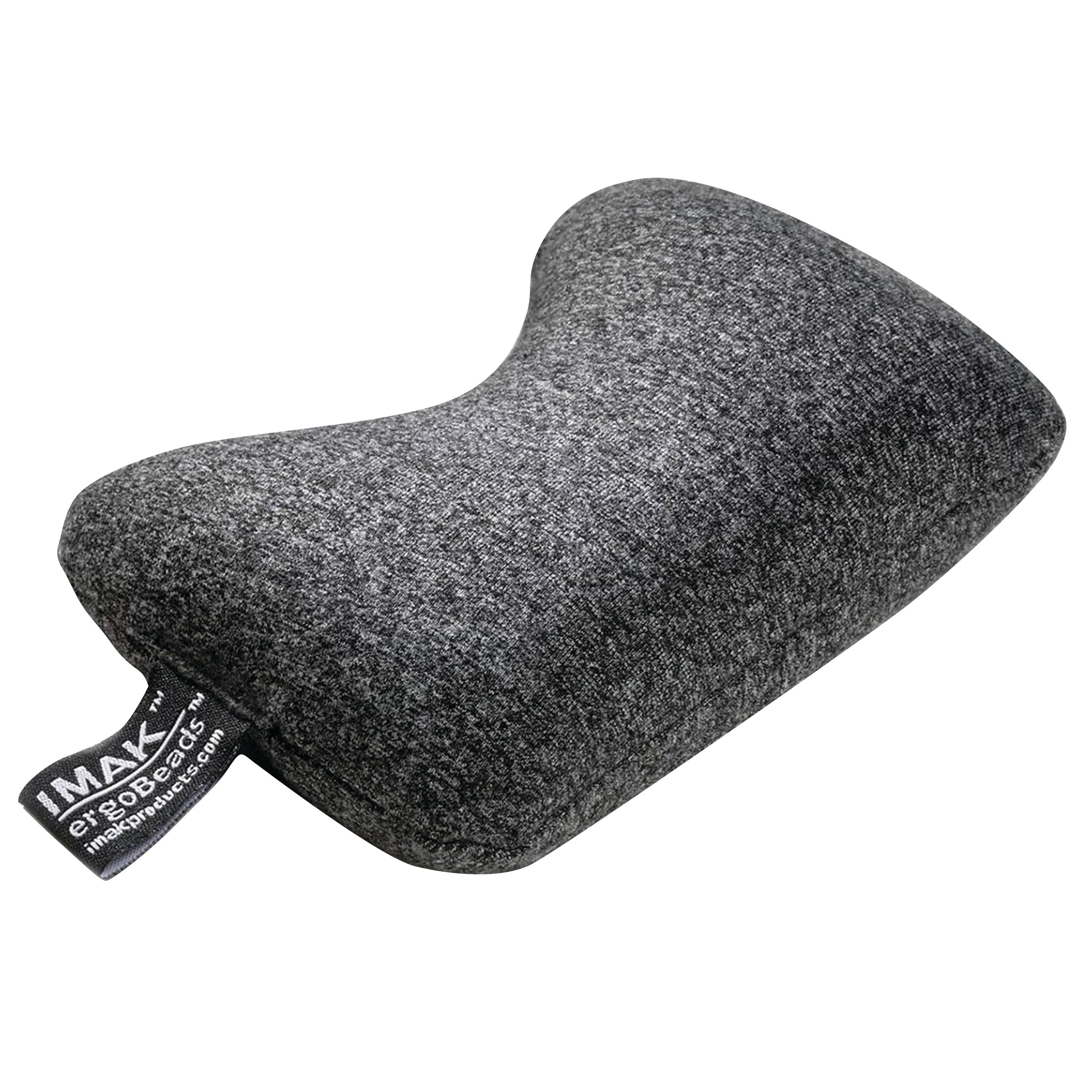 A gray, ergonomic cushion labeled "Brownmed IMAK ergoBeads Keyboard Mouse Cushion" designed for wrist support.