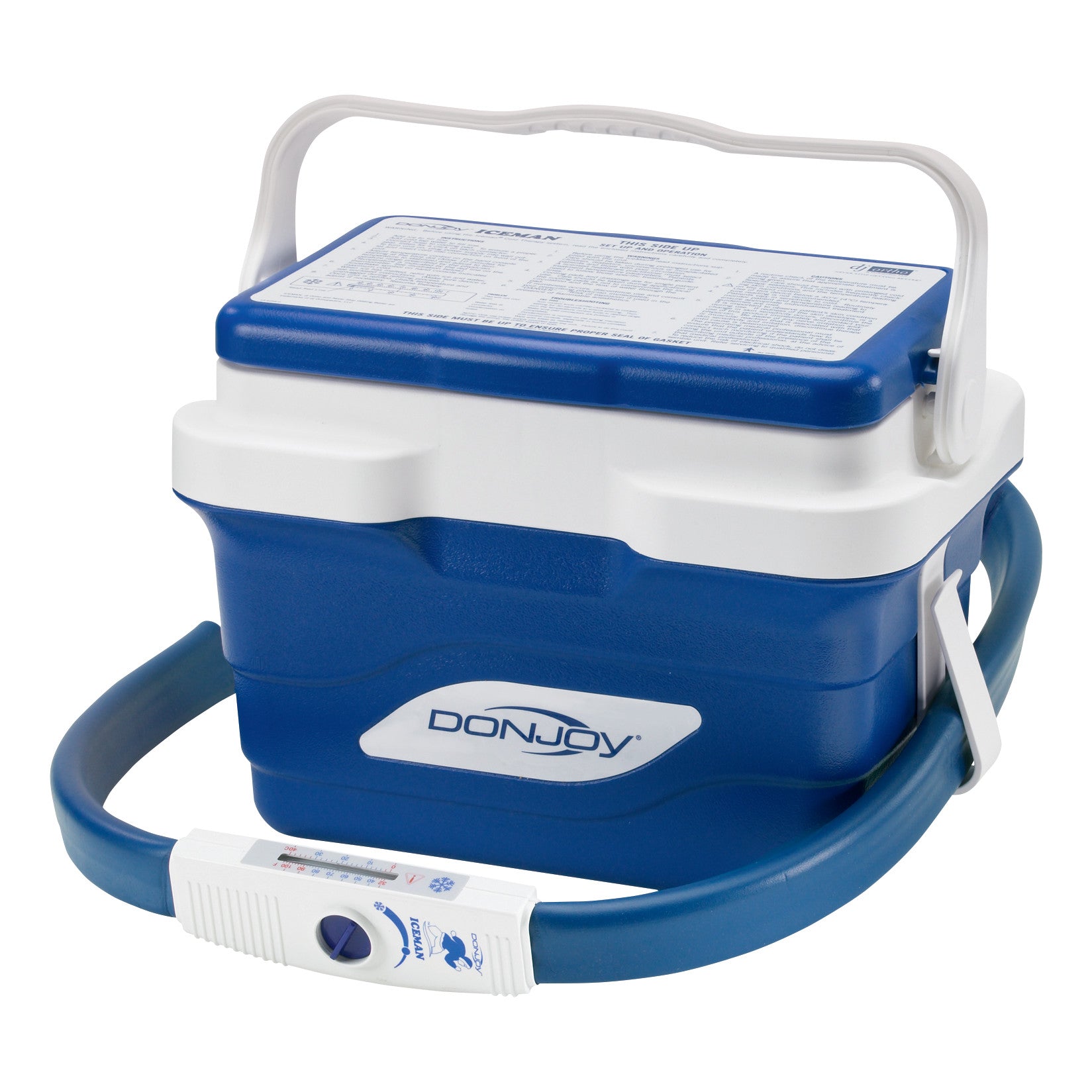 Iceman Cold Therapy System, a blue and white cooler with handle and hose, used for therapeutic cold treatment.