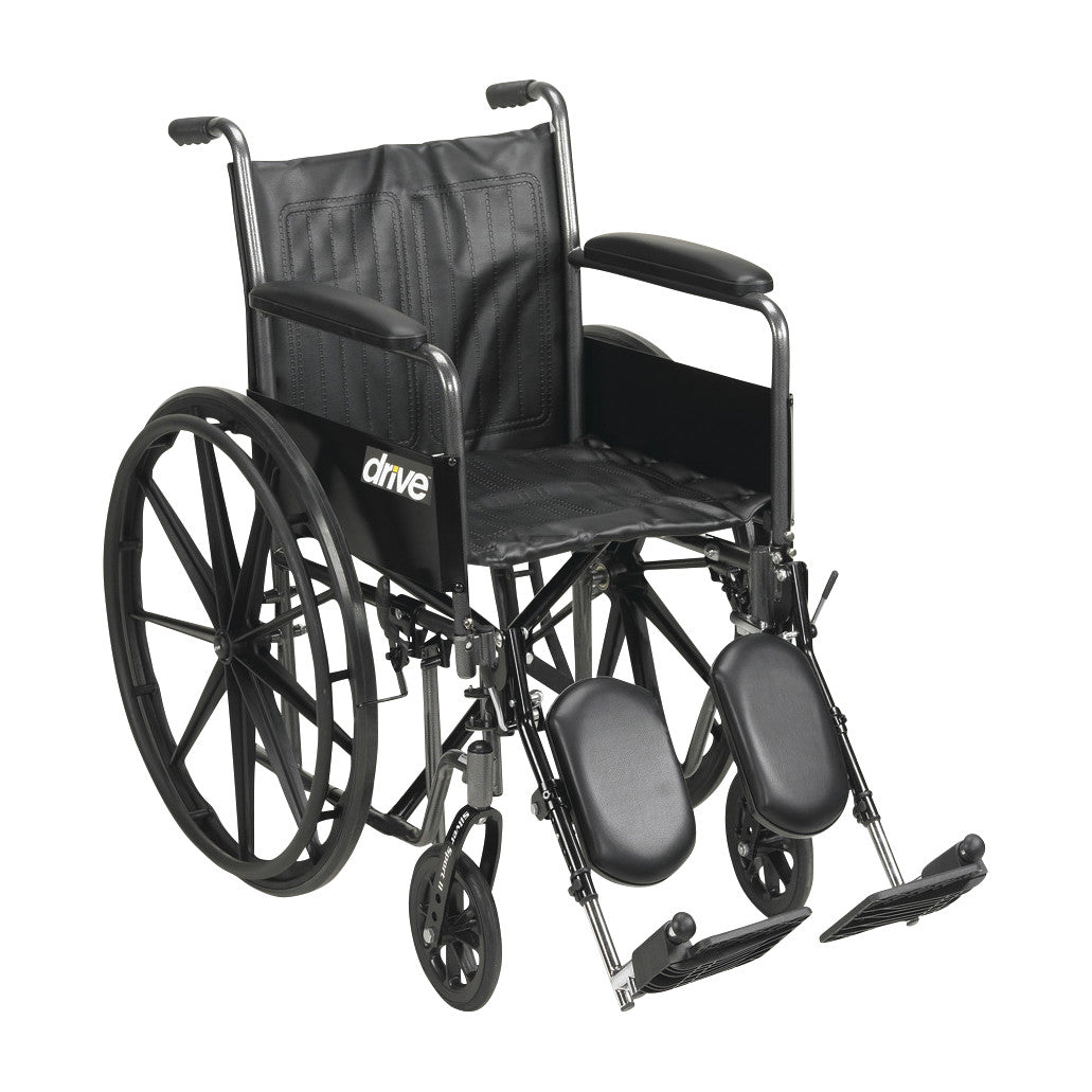 Silver Sport 2 Wheelchair with Full Arms and Elevating Leg Rests, featuring a black seat, armrests, and large rear wheels.