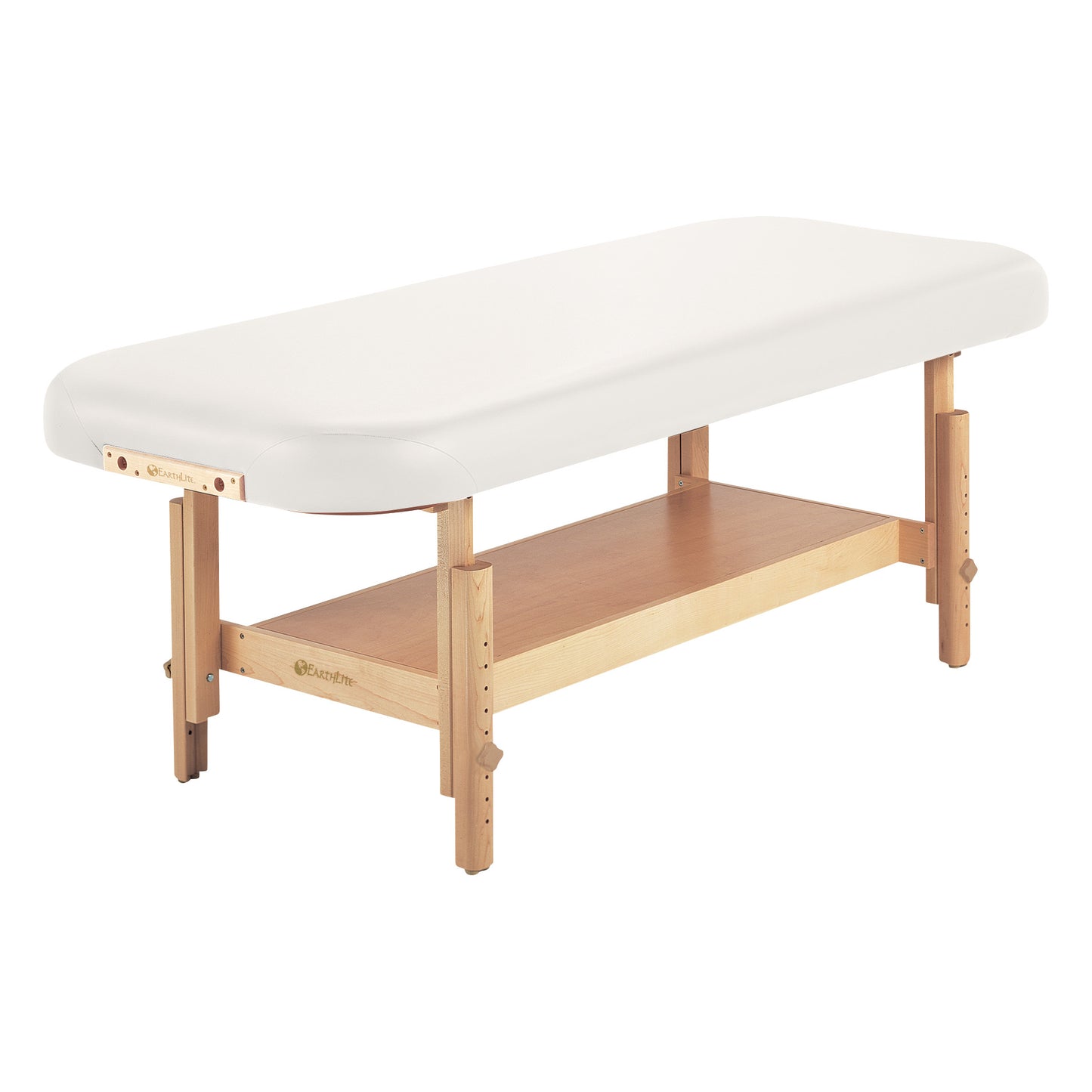 The EarthLite Sedona Flat Stationary Massage Table features a white padded surface and a wooden support frame with a storage shelf.